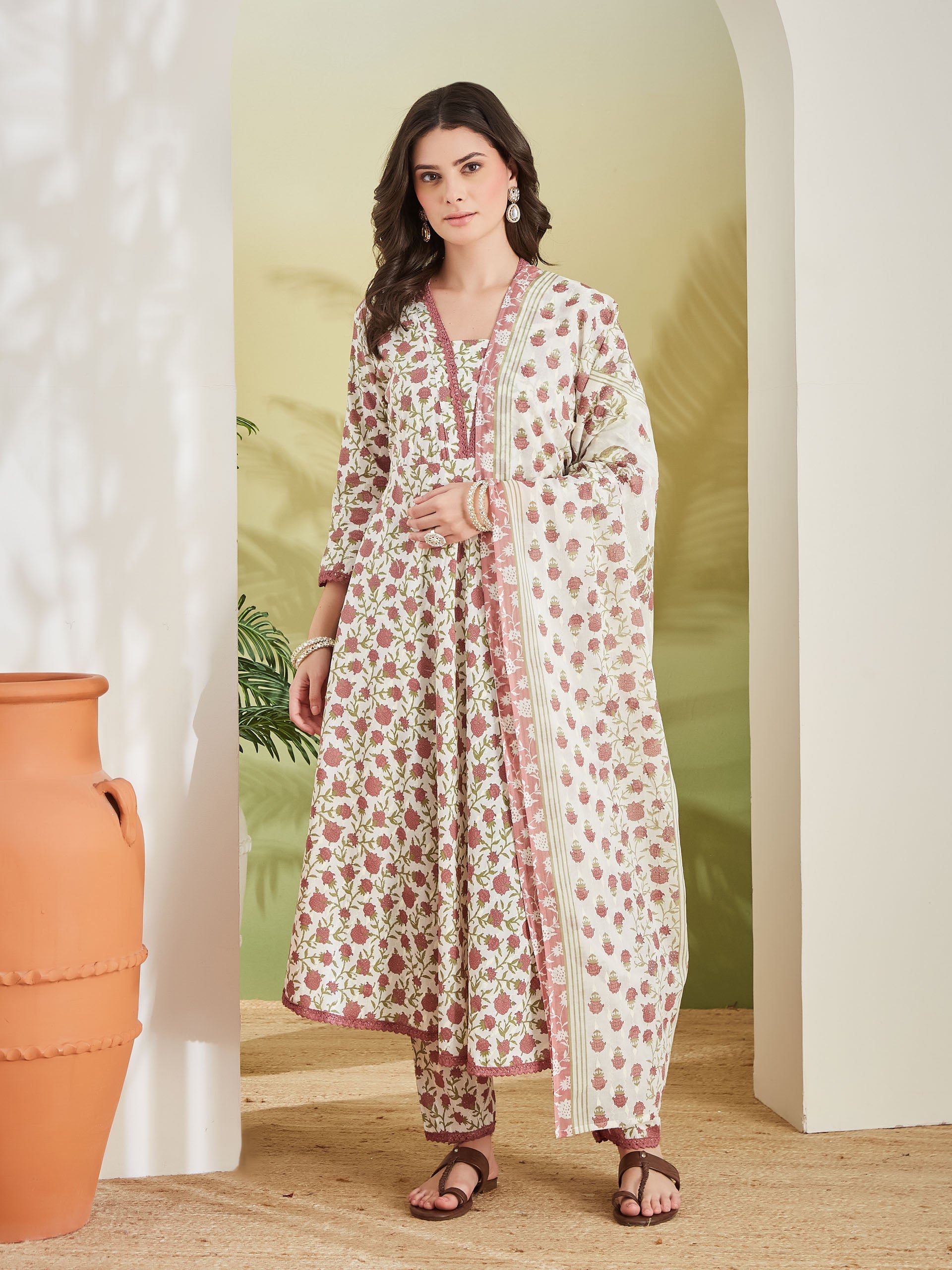 Women Floral Printed Pure Cotton Cream Anarkali Kurta Set with Trousers & Dupatta