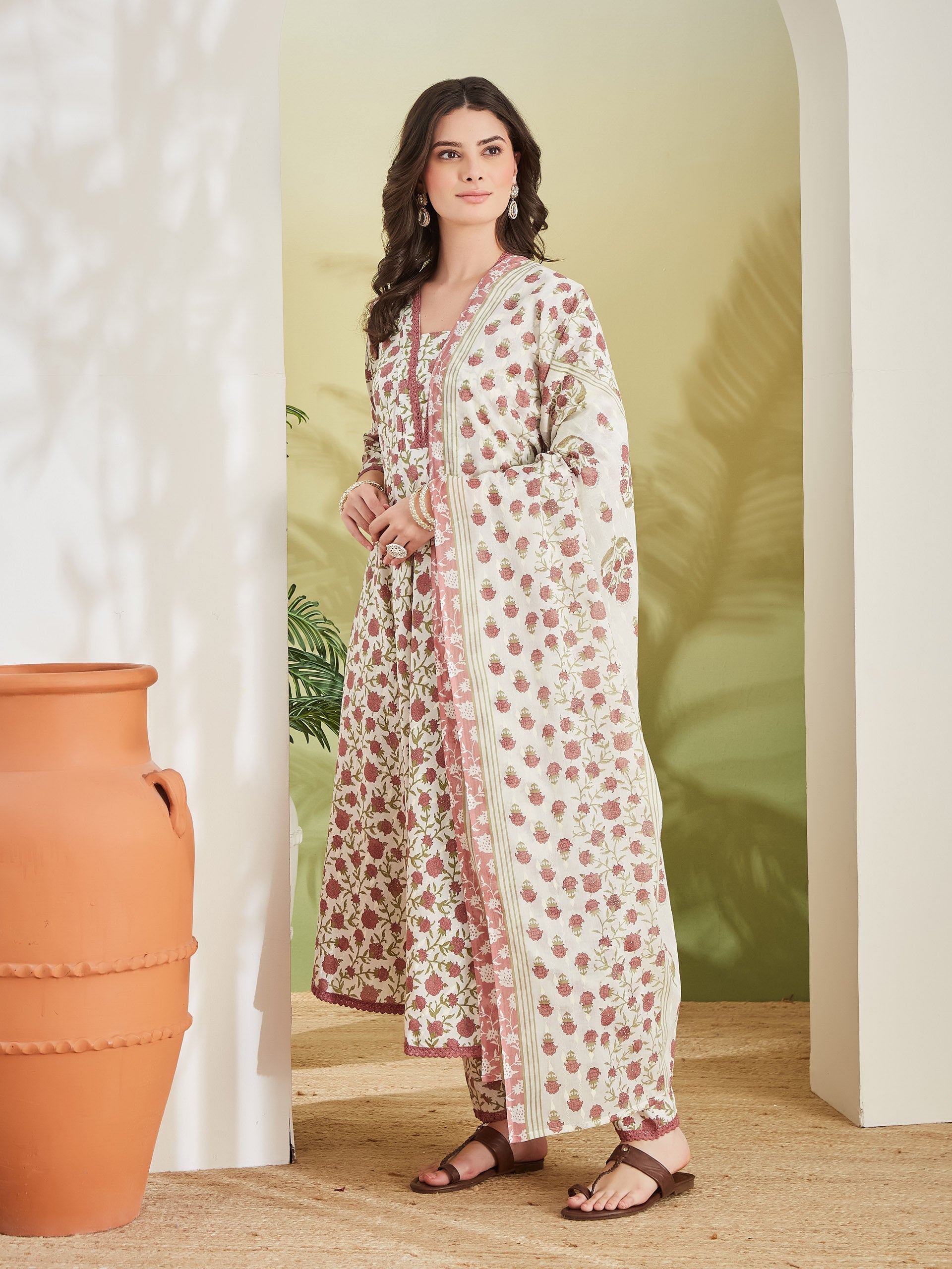 Women Floral Printed Pure Cotton Cream Anarkali Kurta Set with Trousers & Dupatta