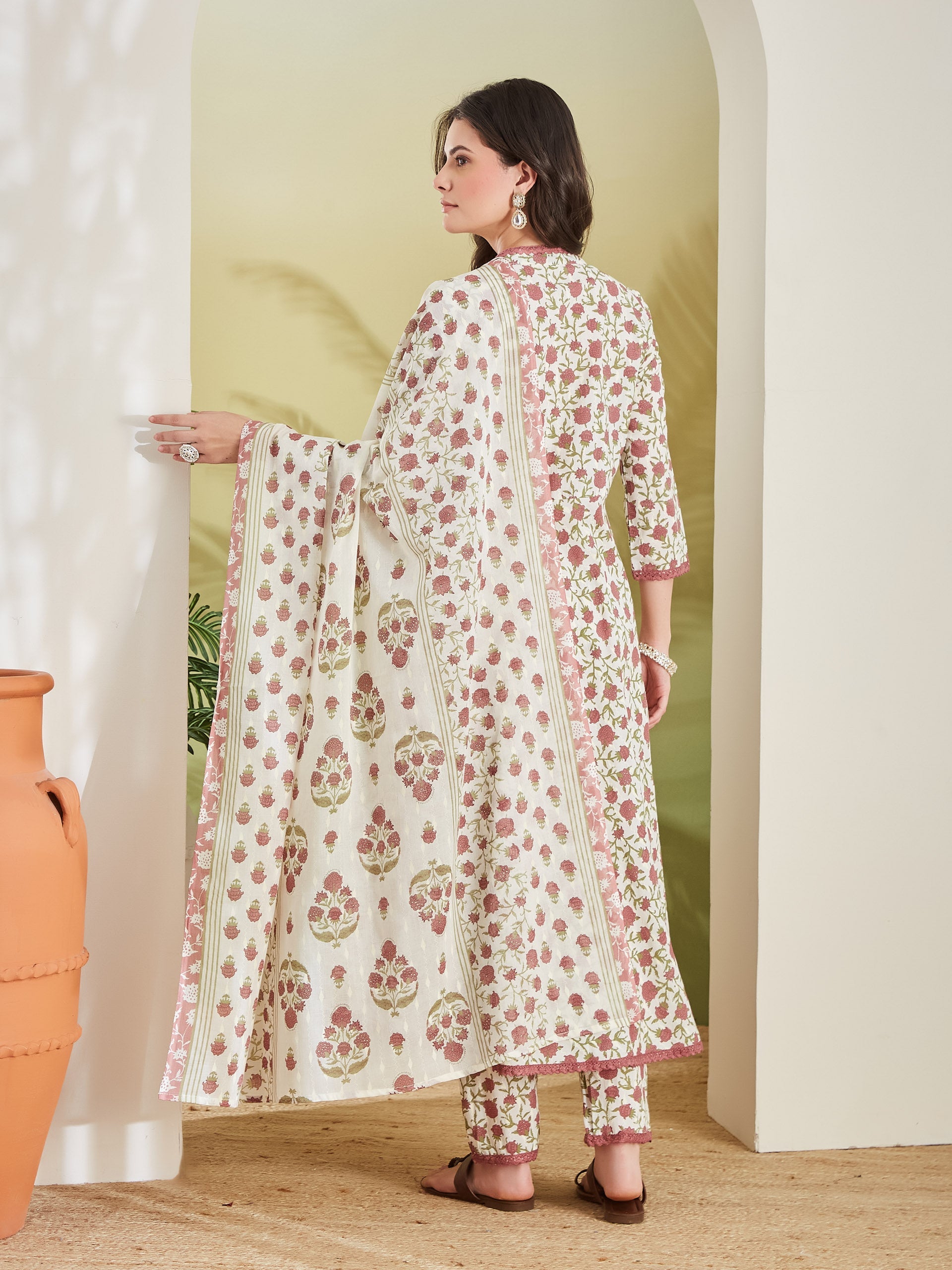 Women Floral Printed Pure Cotton Cream Anarkali Kurta Set with Trousers & Dupatta
