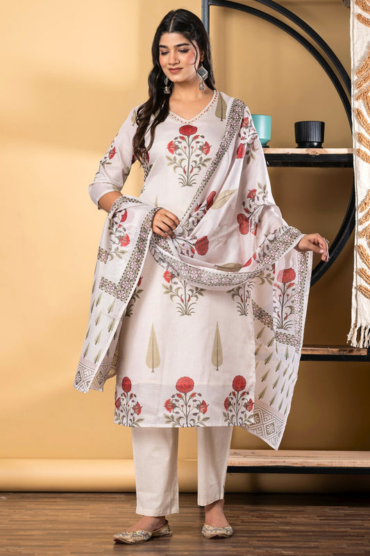 Poppy Whispers Kurta Set With Dupatta - White