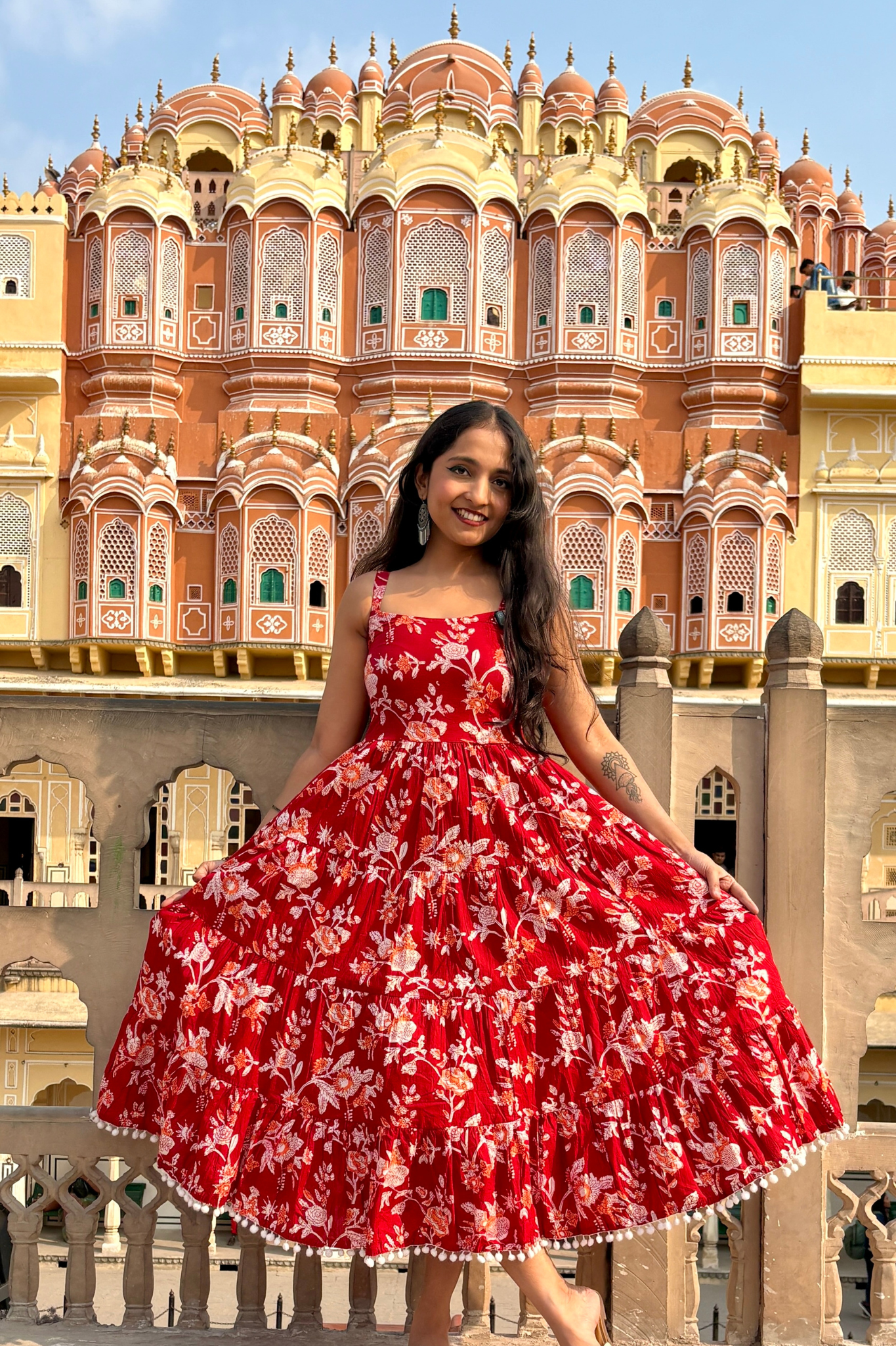 Red Floral Printed Shoulder Strap Long dress