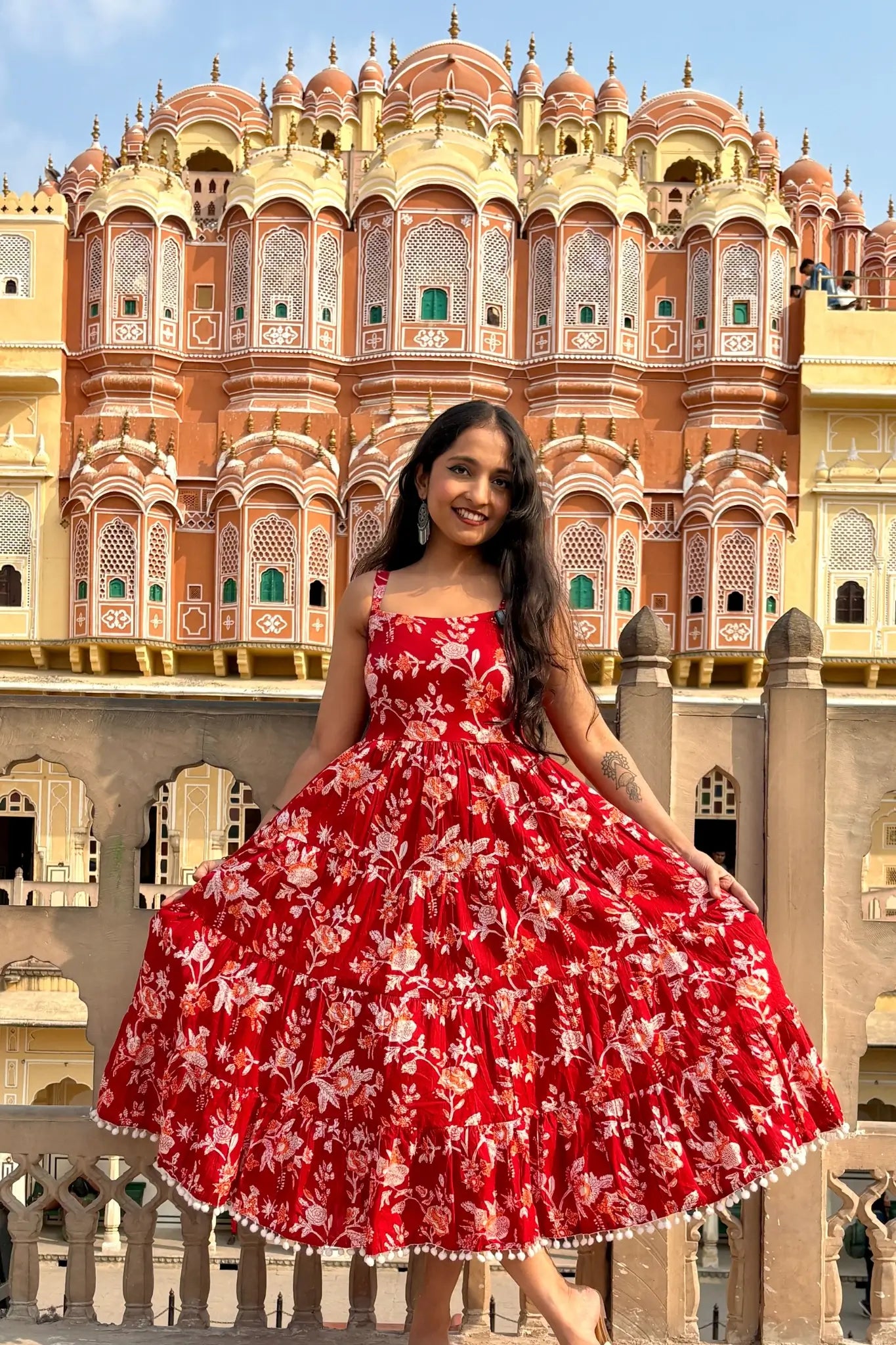Red Floral Printed Shoulder Strap Long dress