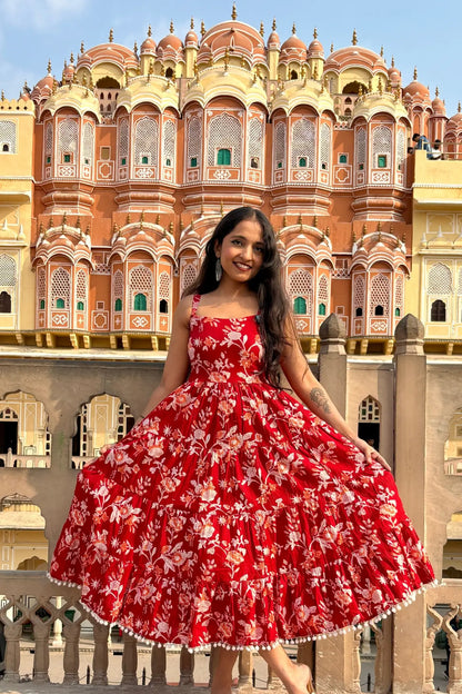 Red Floral Printed Shoulder Strap Long dress
