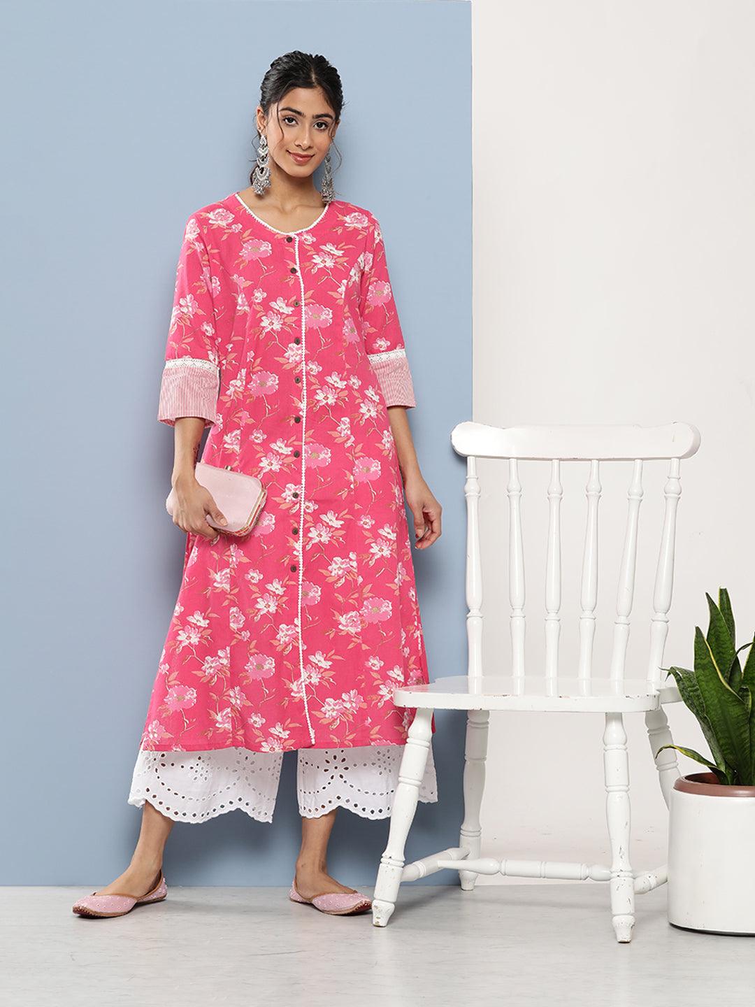  Pink Floral cotton flex A-Line Kurta -  world