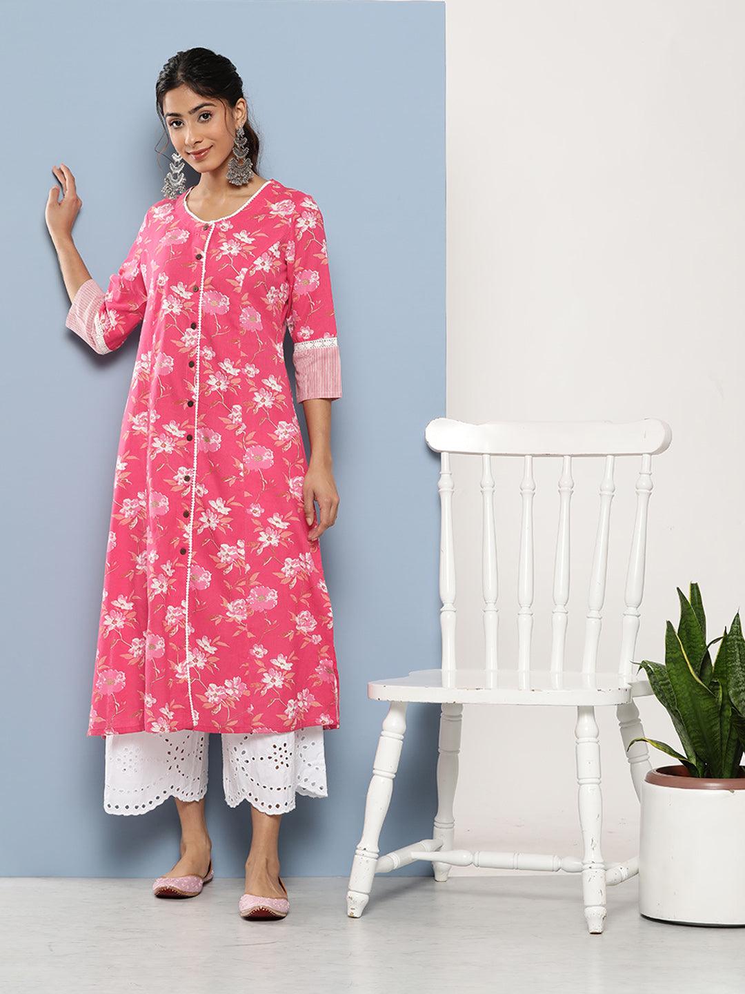  Pink Floral cotton flex A-Line Kurta -  world