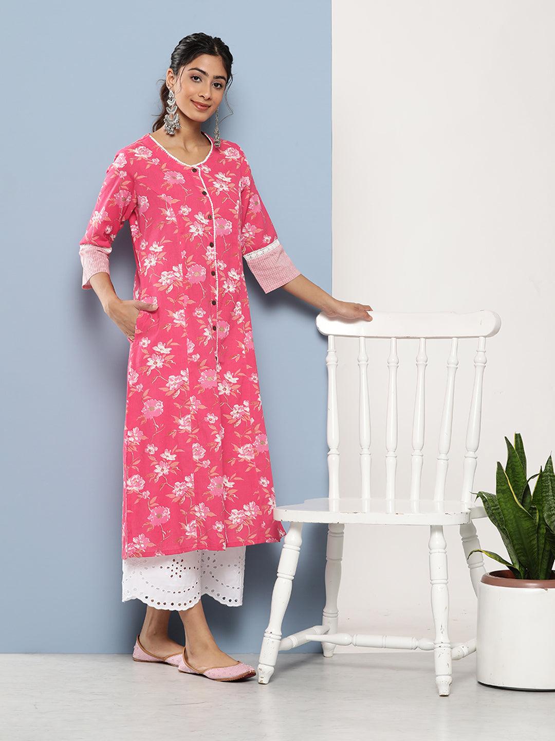  Pink Floral cotton flex A-Line Kurta -  world