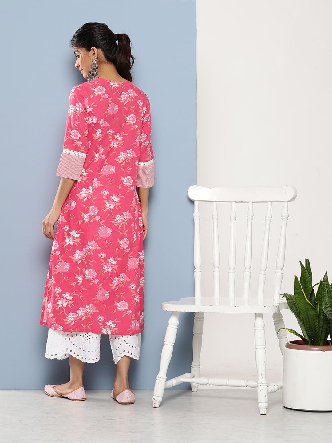  Pink Floral cotton flex A-Line Kurta -  world