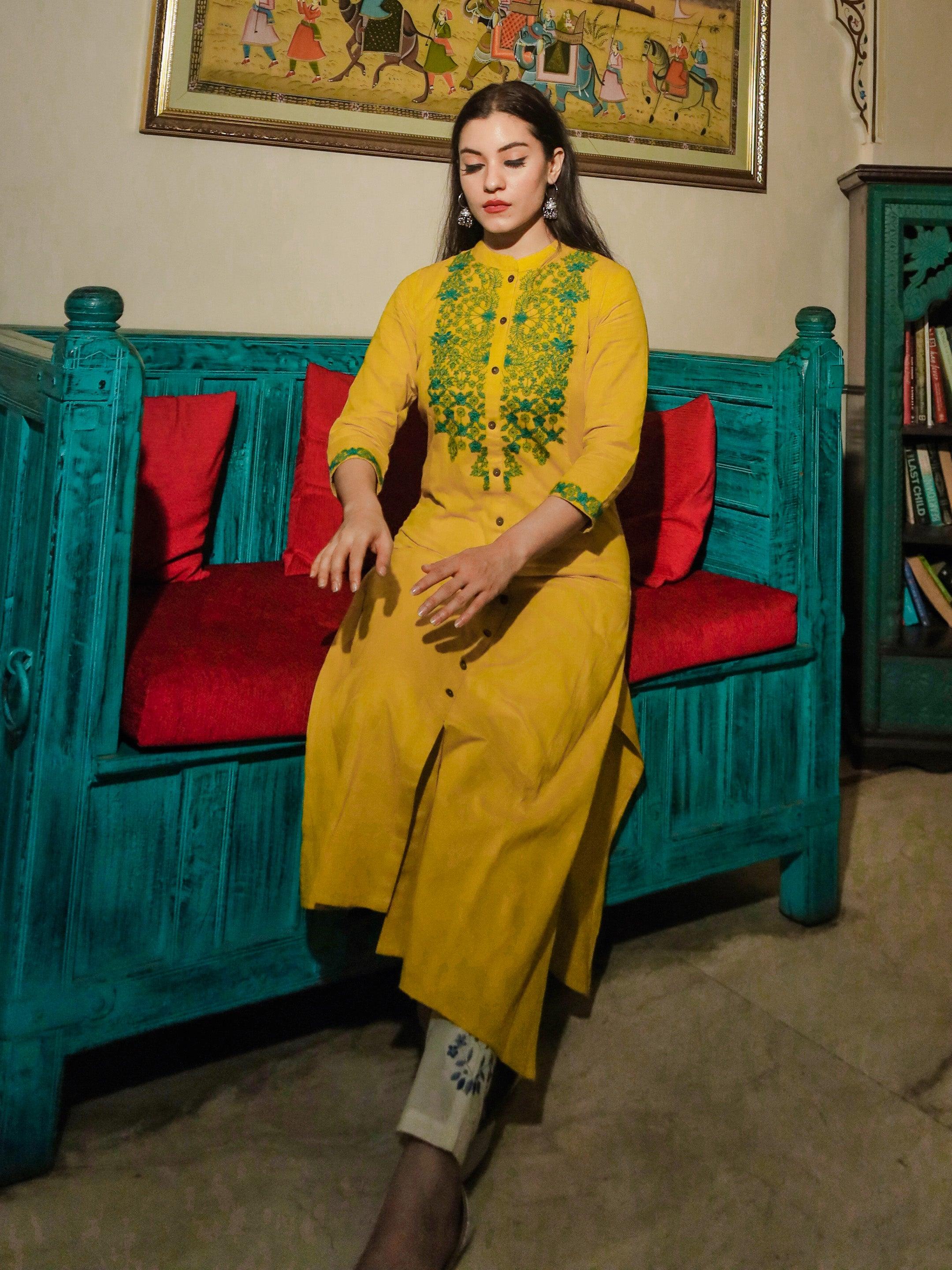  Women's Yellow Regular A-Line Calf Long Kurta - world.com