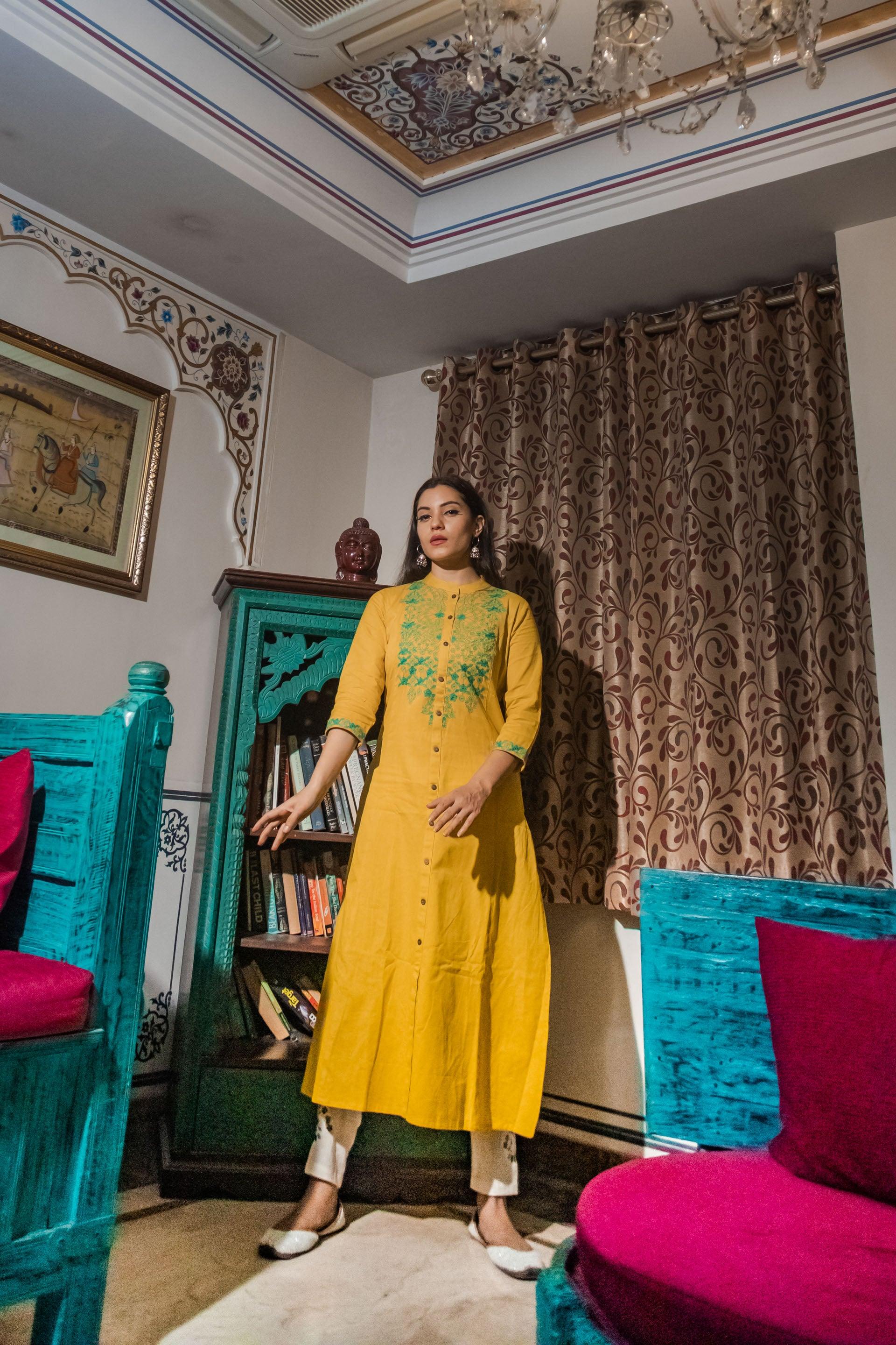  Women's Yellow Regular A-Line Calf Long Kurta - world.com