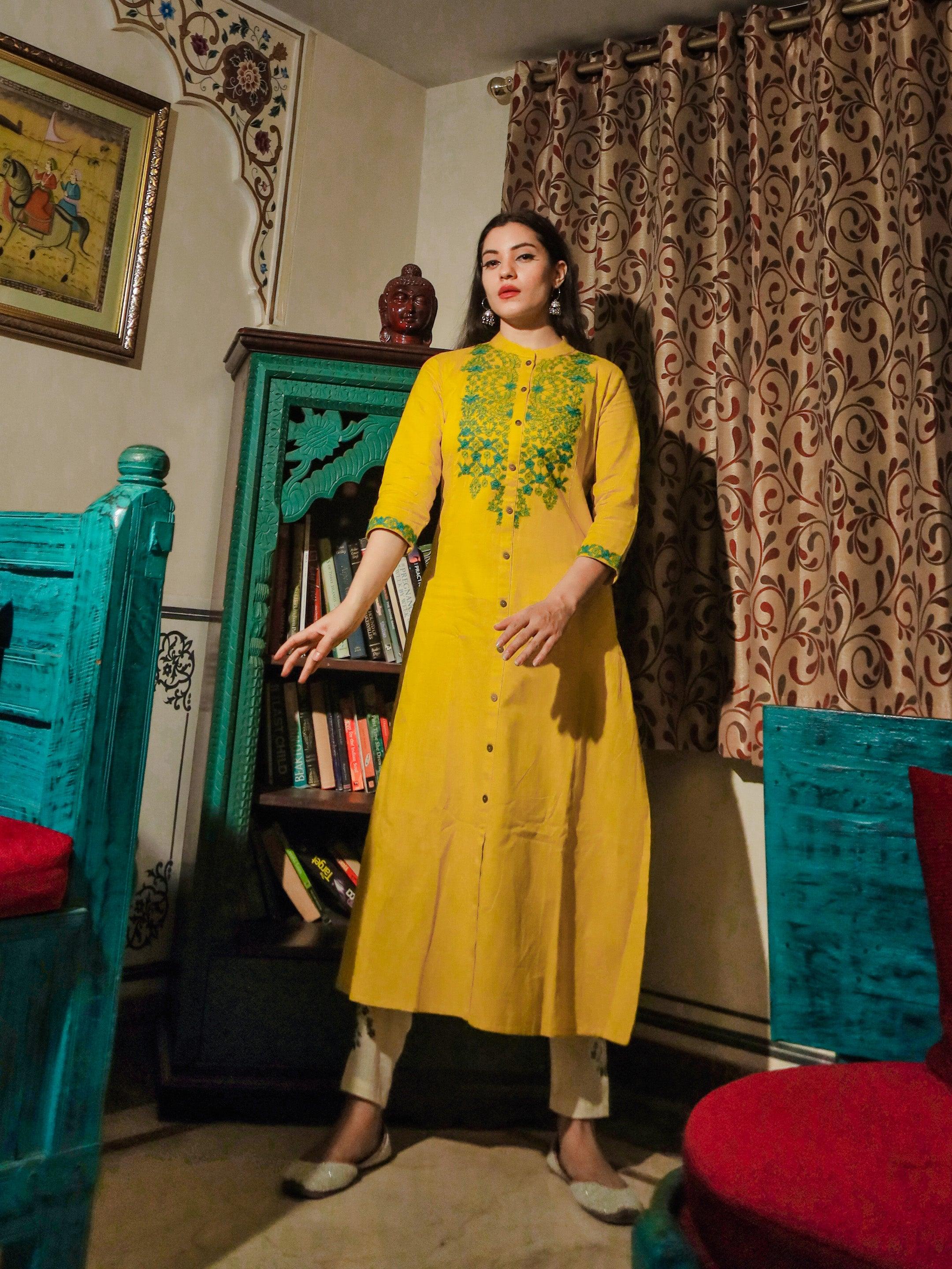  Women's Yellow Regular A-Line Calf Long Kurta - world.com