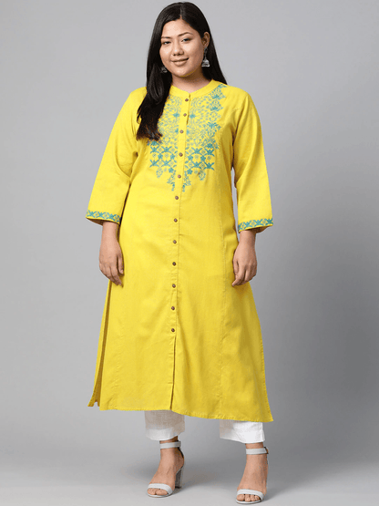 Plus Size Women's Yellow Regular A-Line Calf Long Kurta -  world