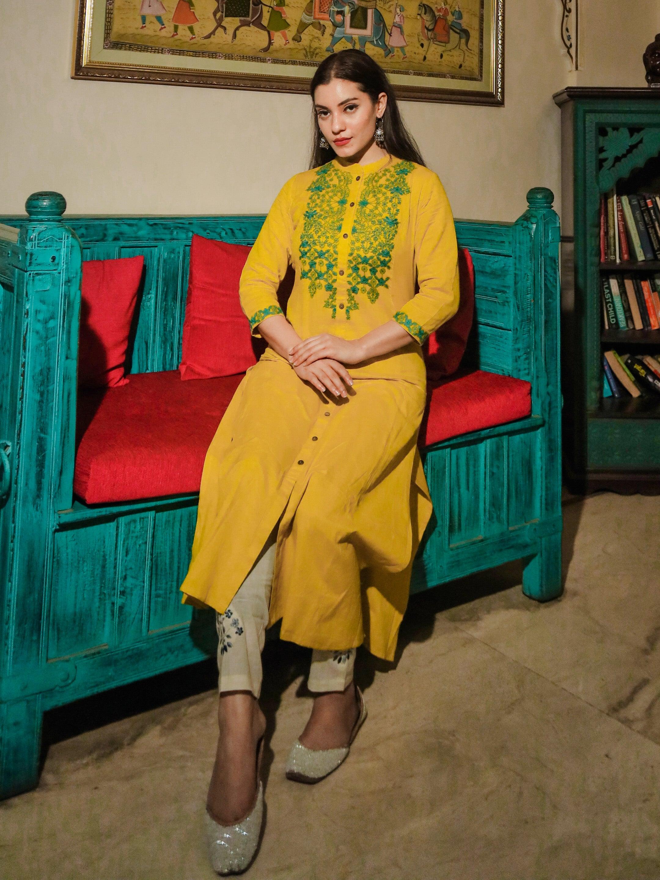  Women's Yellow Regular A-Line Calf Long Kurta - world.com