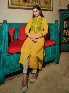 Women's Yellow Regular A-Line Calf Long Kurta