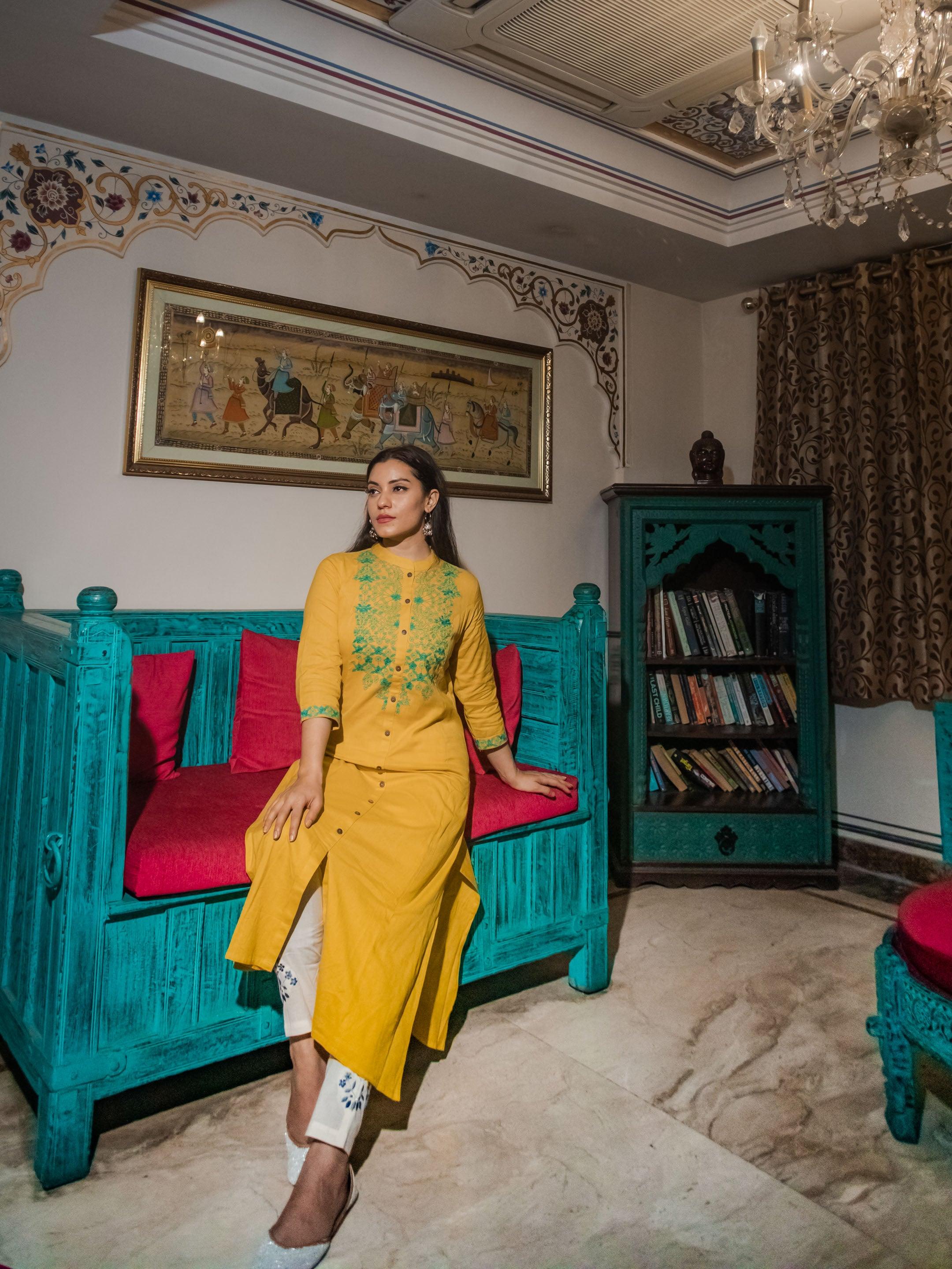  Women's Yellow Regular A-Line Calf Long Kurta - world.com
