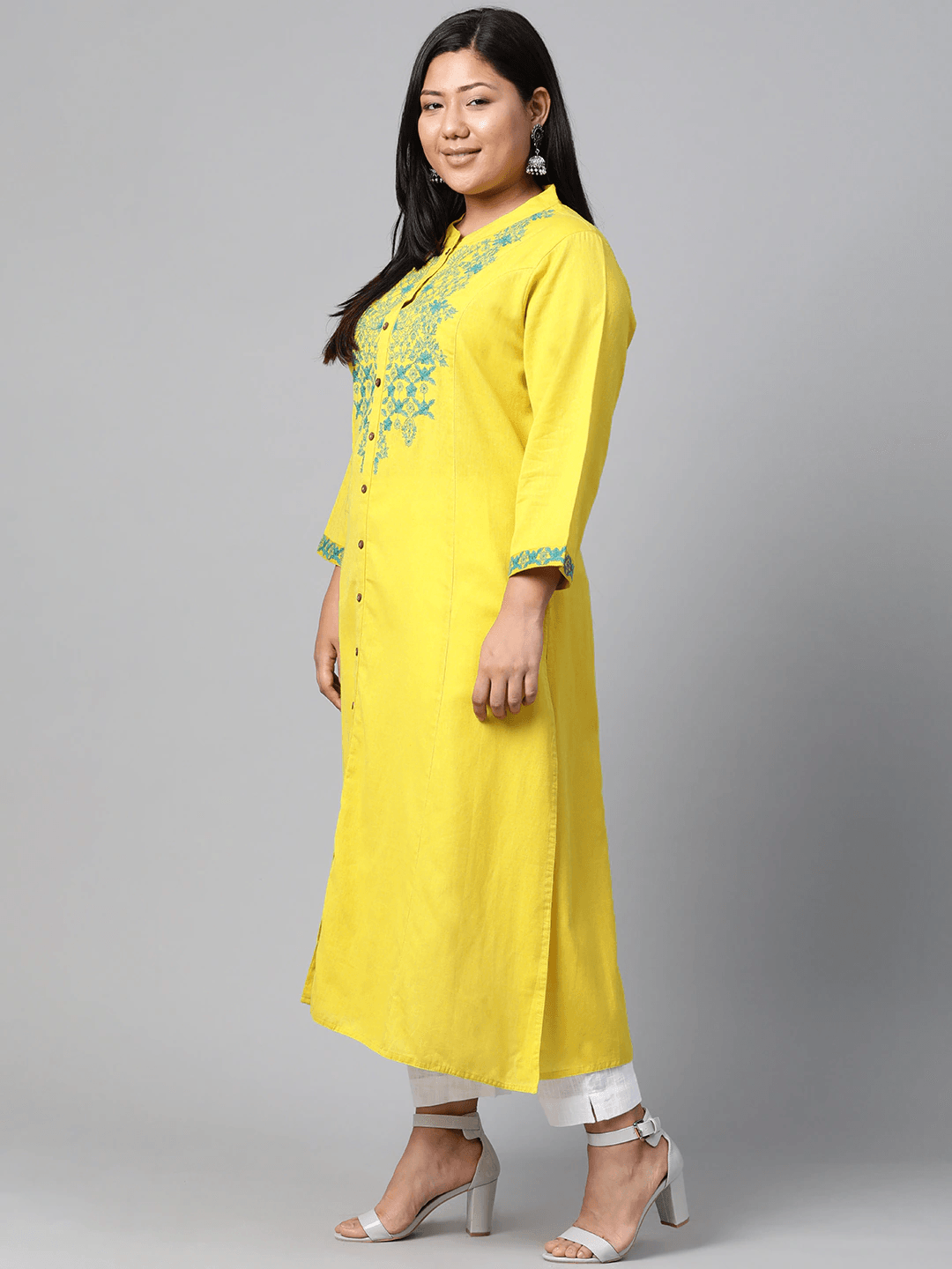 Plus Size Women's Yellow Regular A-Line Calf Long Kurta -  world