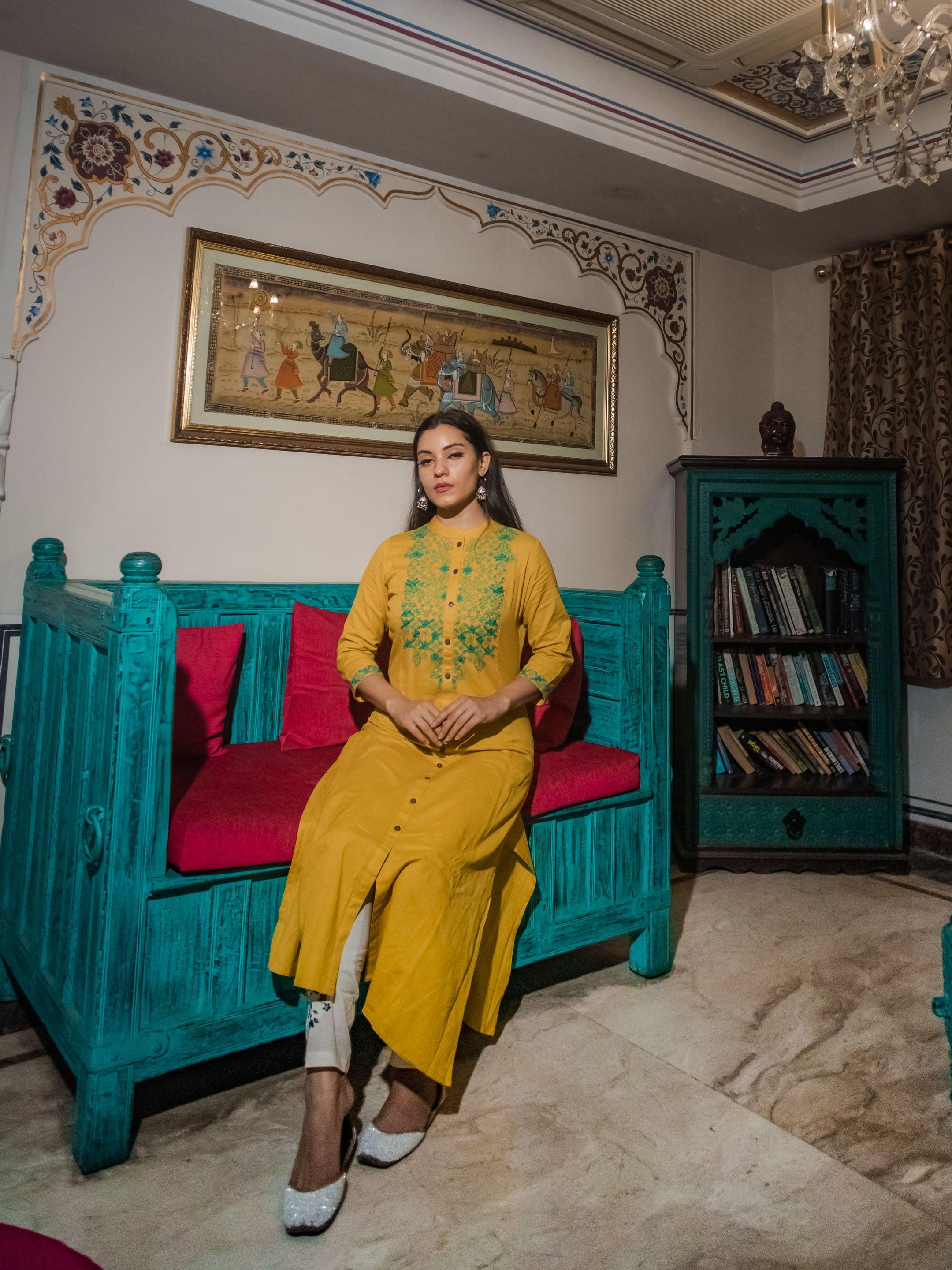  Women's Yellow Regular A-Line Calf Long Kurta - world.com