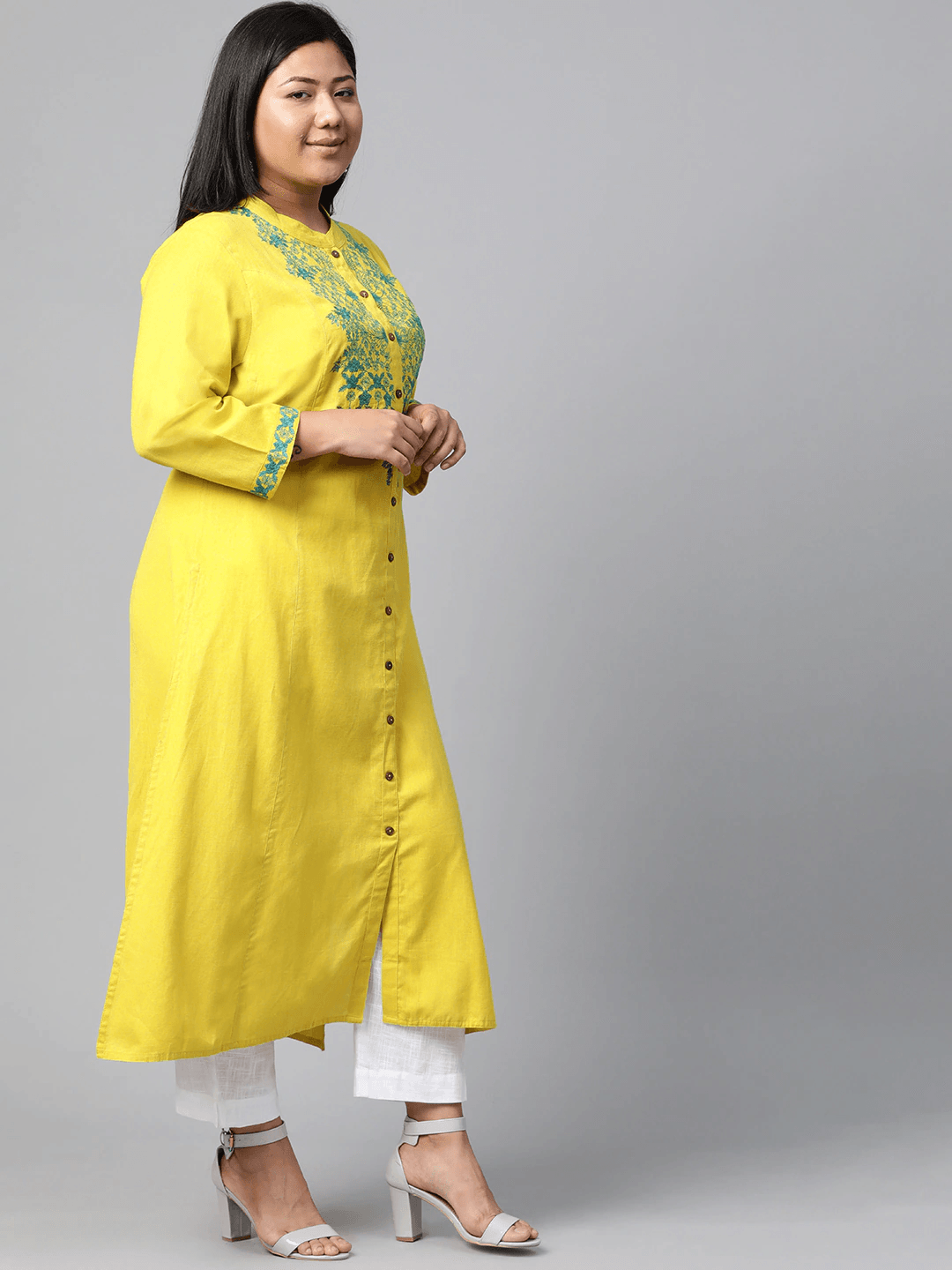 Plus Size Women's Yellow Regular A-Line Calf Long Kurta -  world