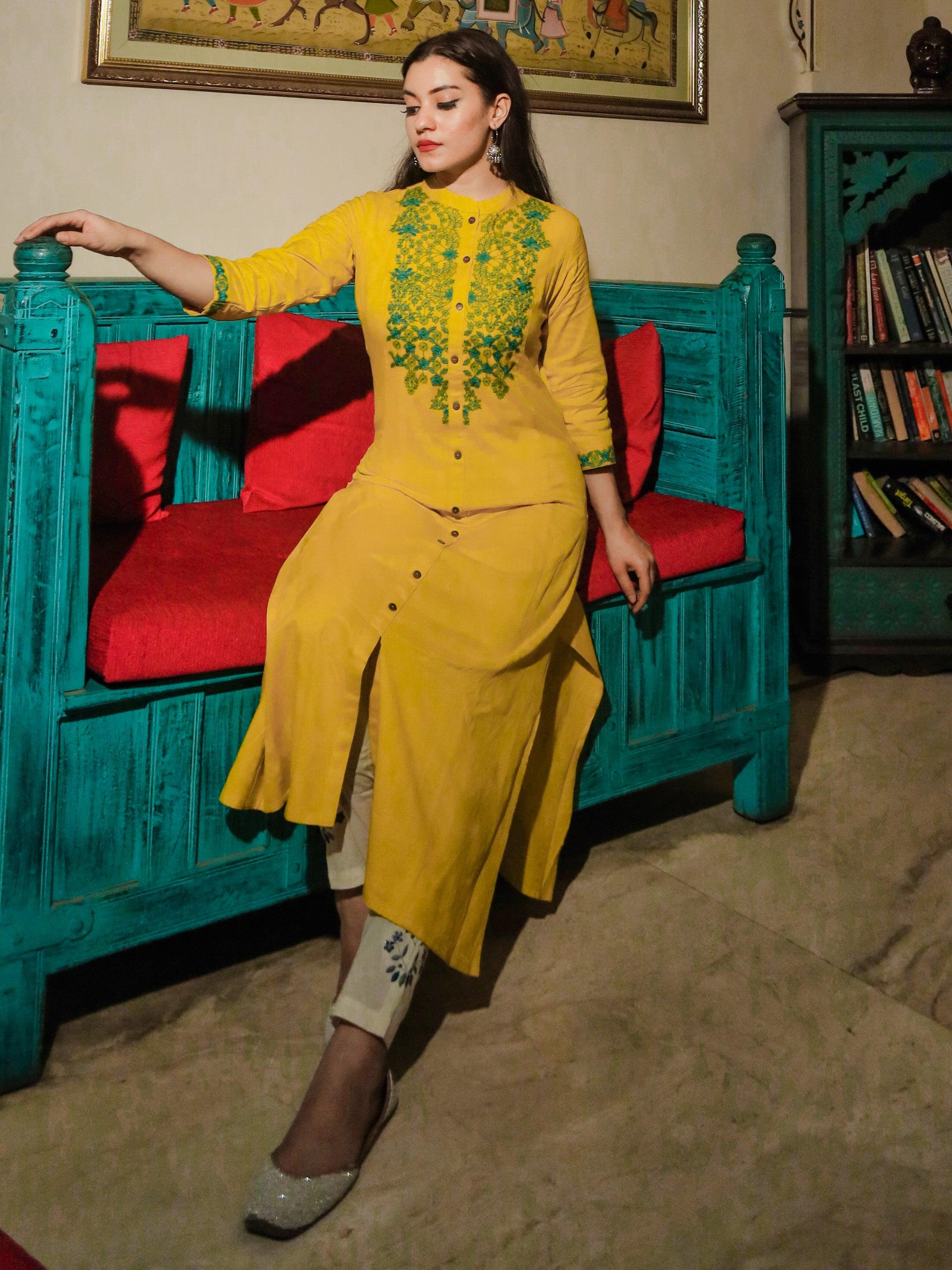  Women's Yellow Regular A-Line Calf Long Kurta - world.com