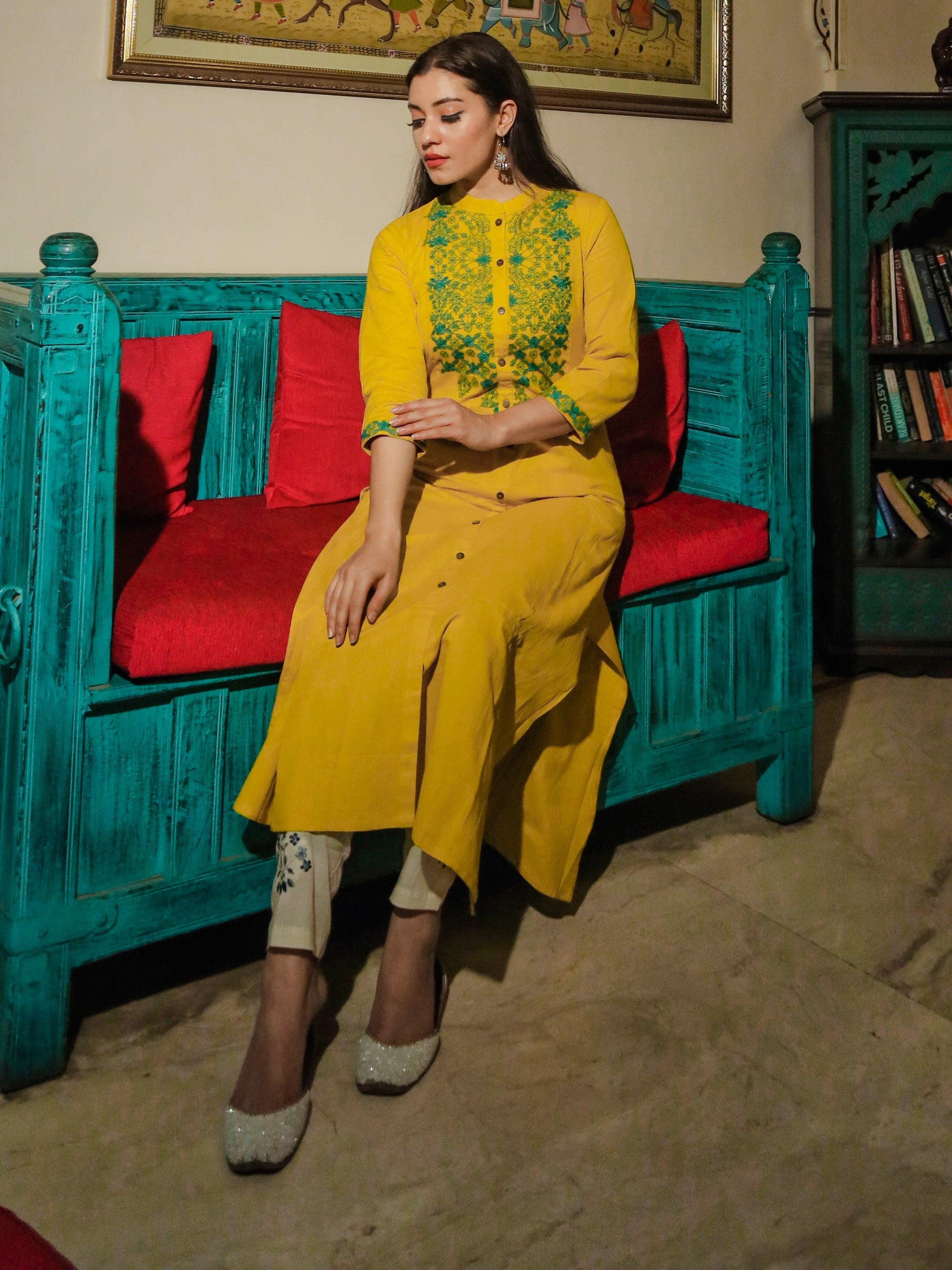  Women's Yellow Regular A-Line Calf Long Kurta - world.com