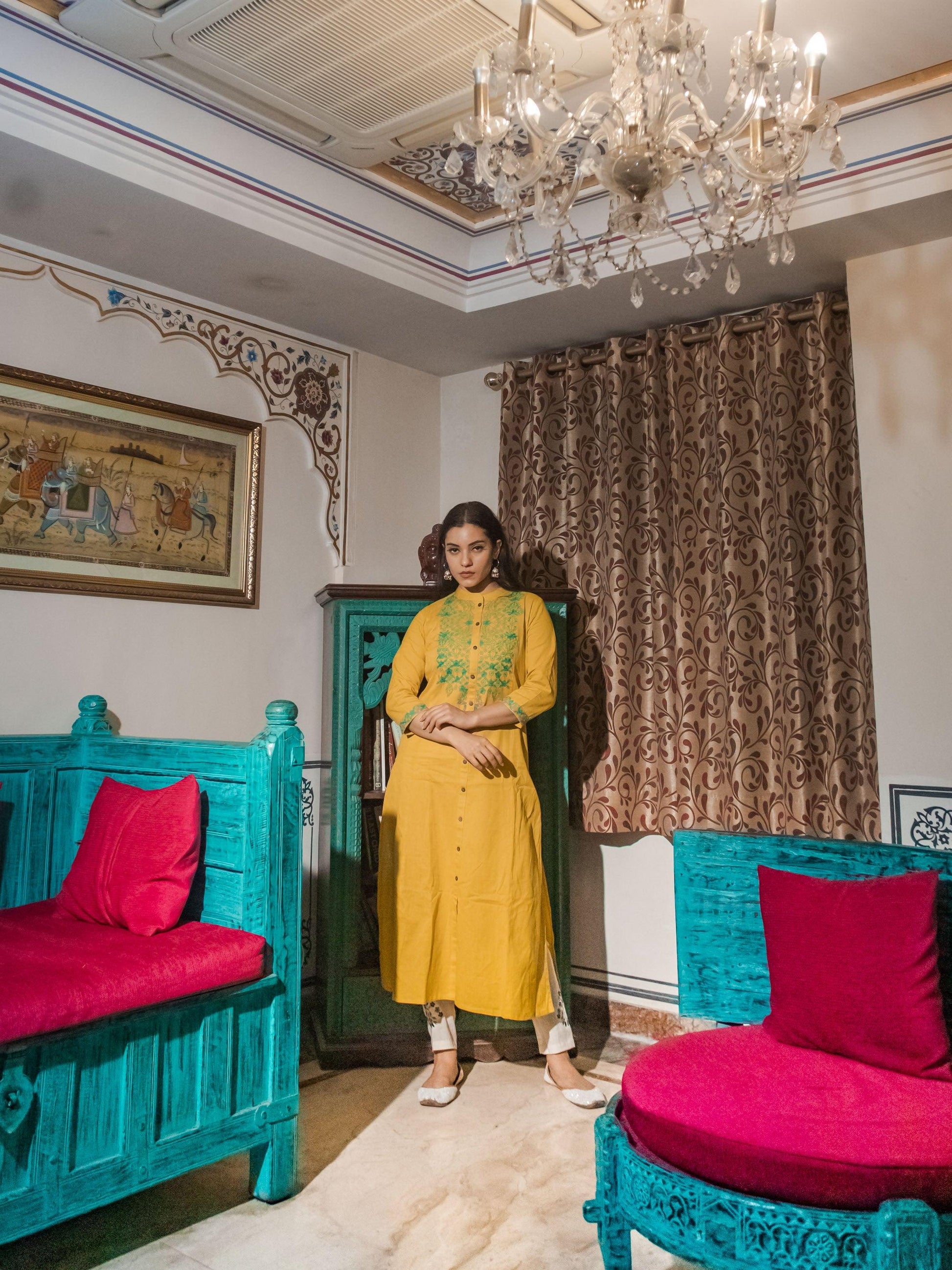  Women's Yellow Regular A-Line Calf Long Kurta - world.com