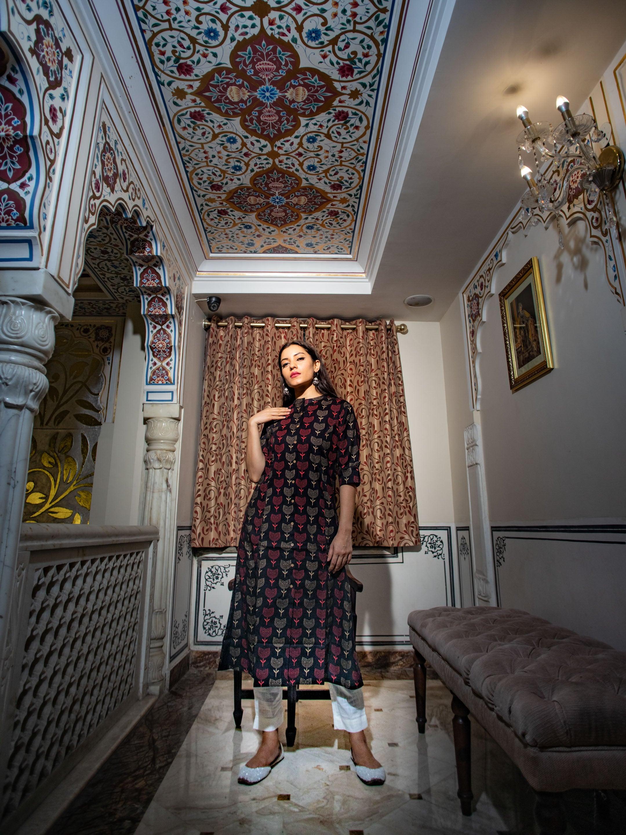  Black Cotton Flex A Line Kurta - world.com