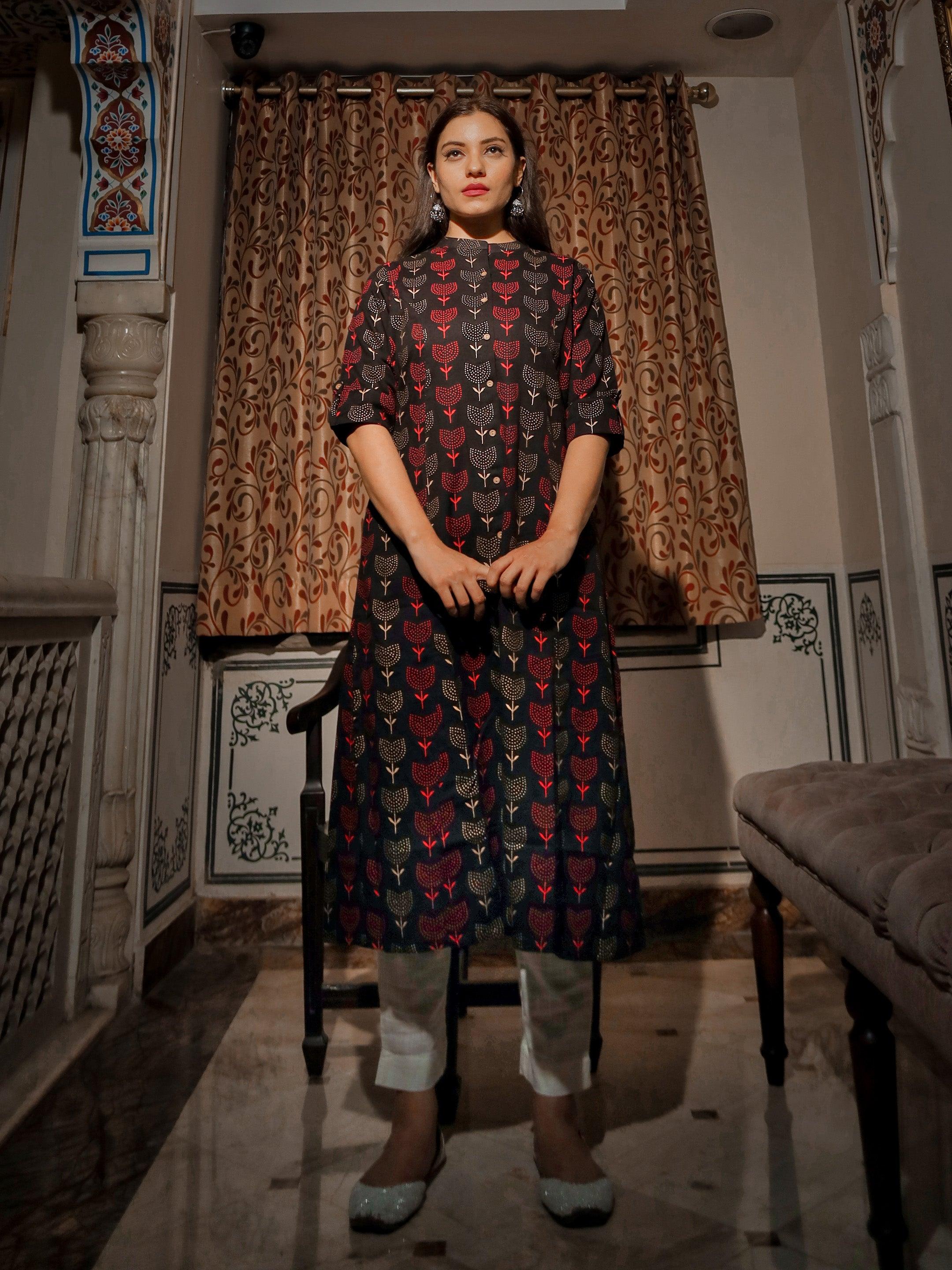  Black Cotton Flex A Line Kurta - world.com