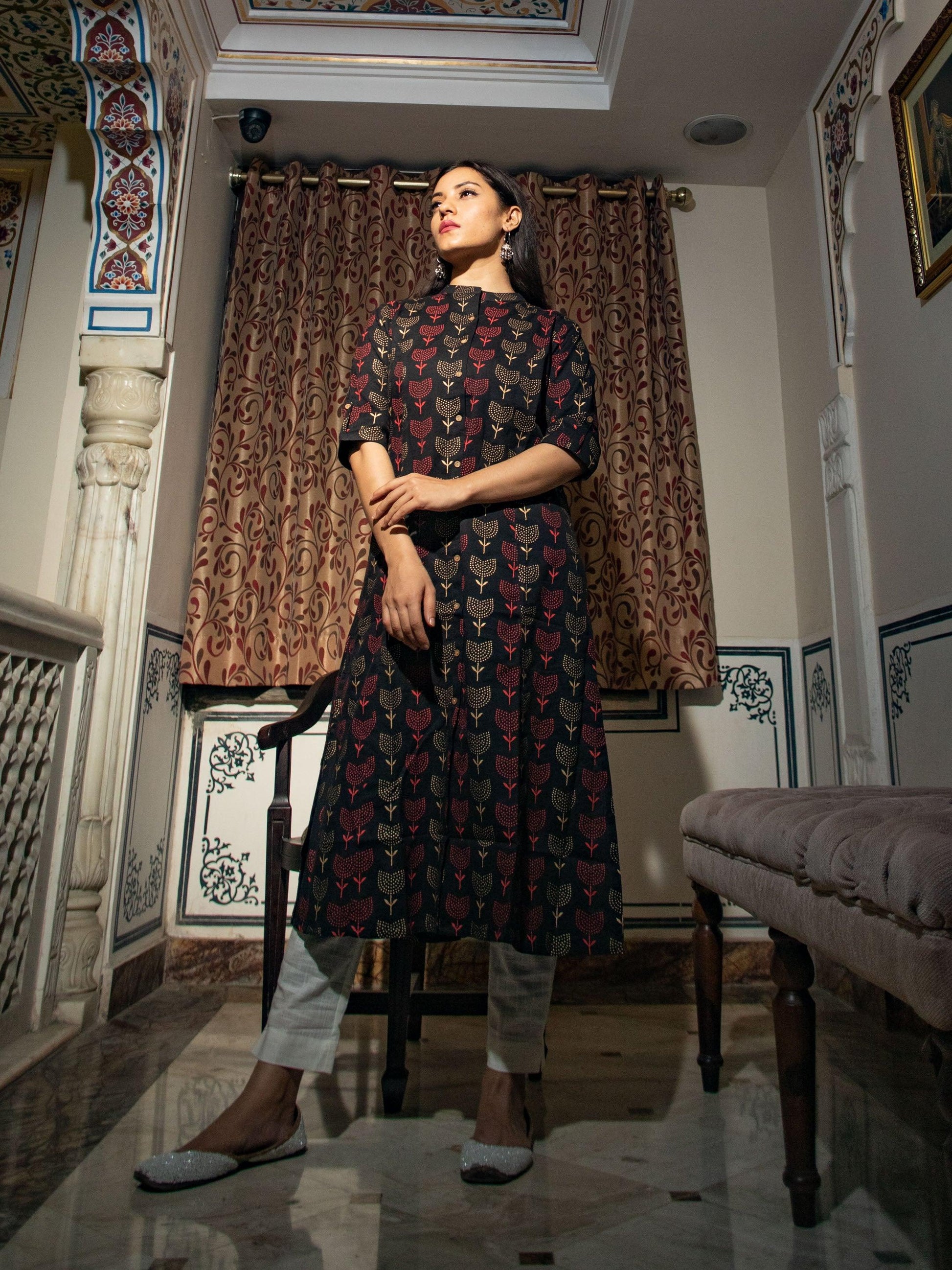  Black Cotton Flex A Line Kurta - world.com