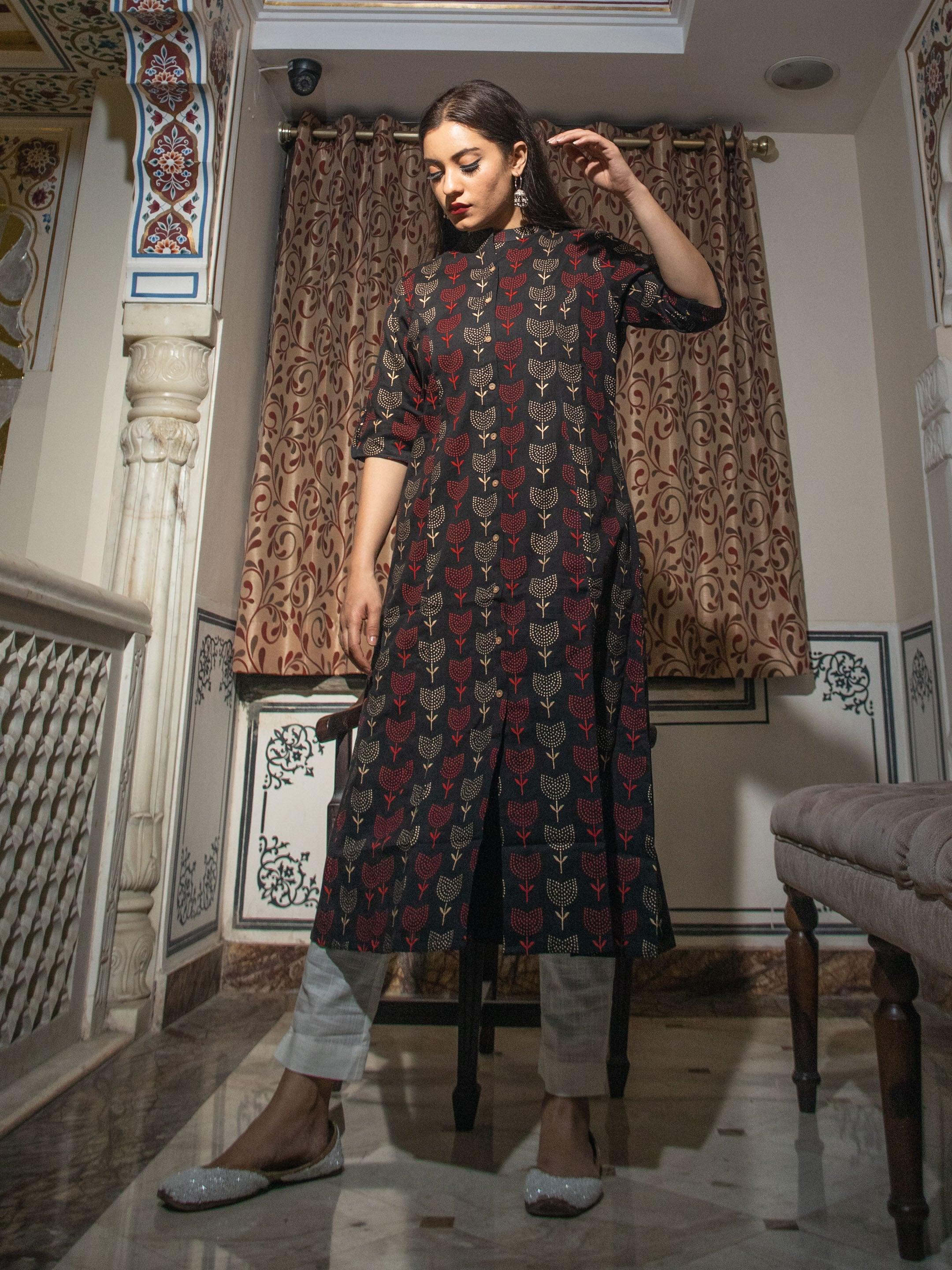  Black Cotton Flex A Line Kurta - world.com