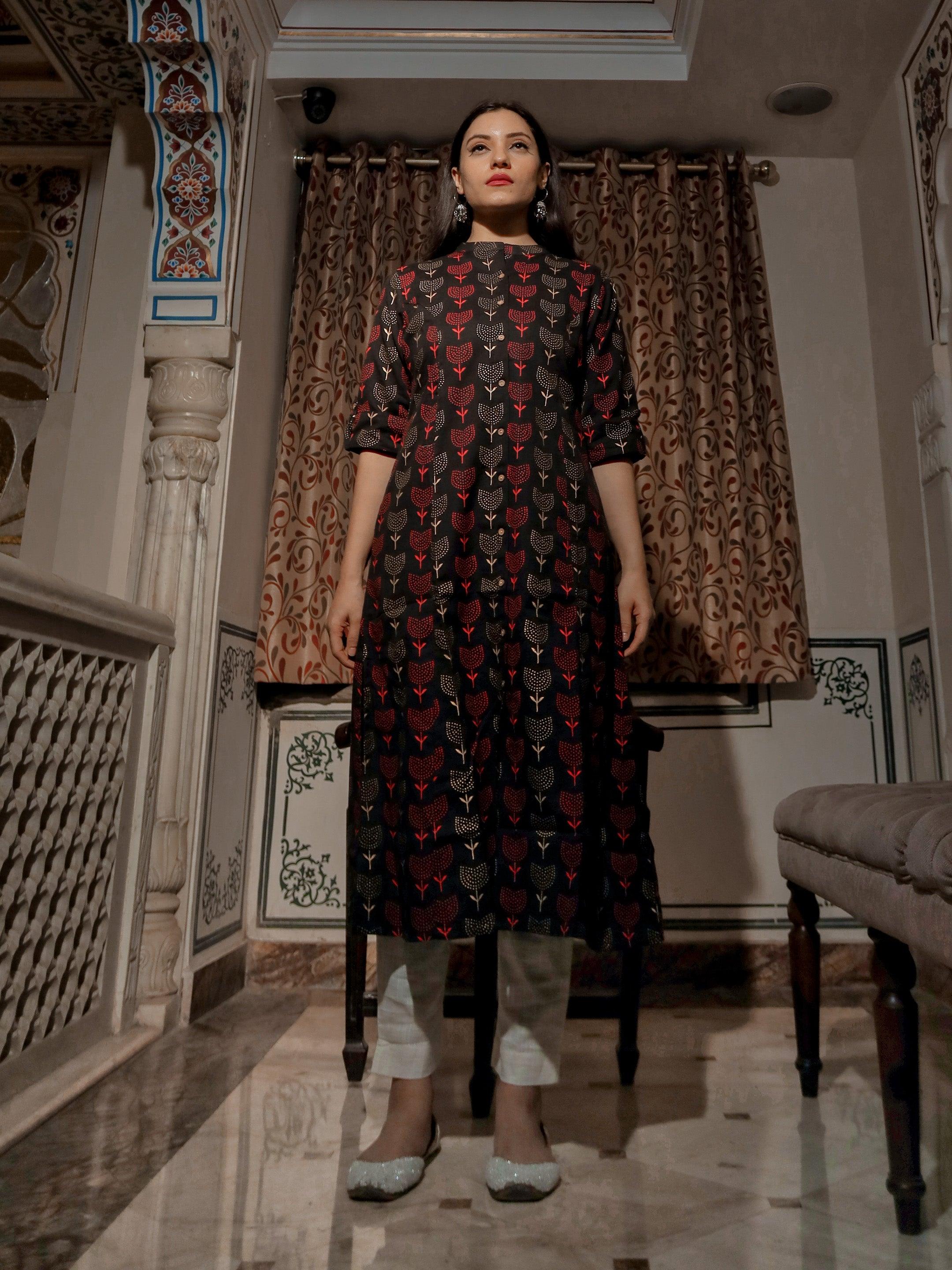  Black Cotton Flex A Line Kurta - world.com