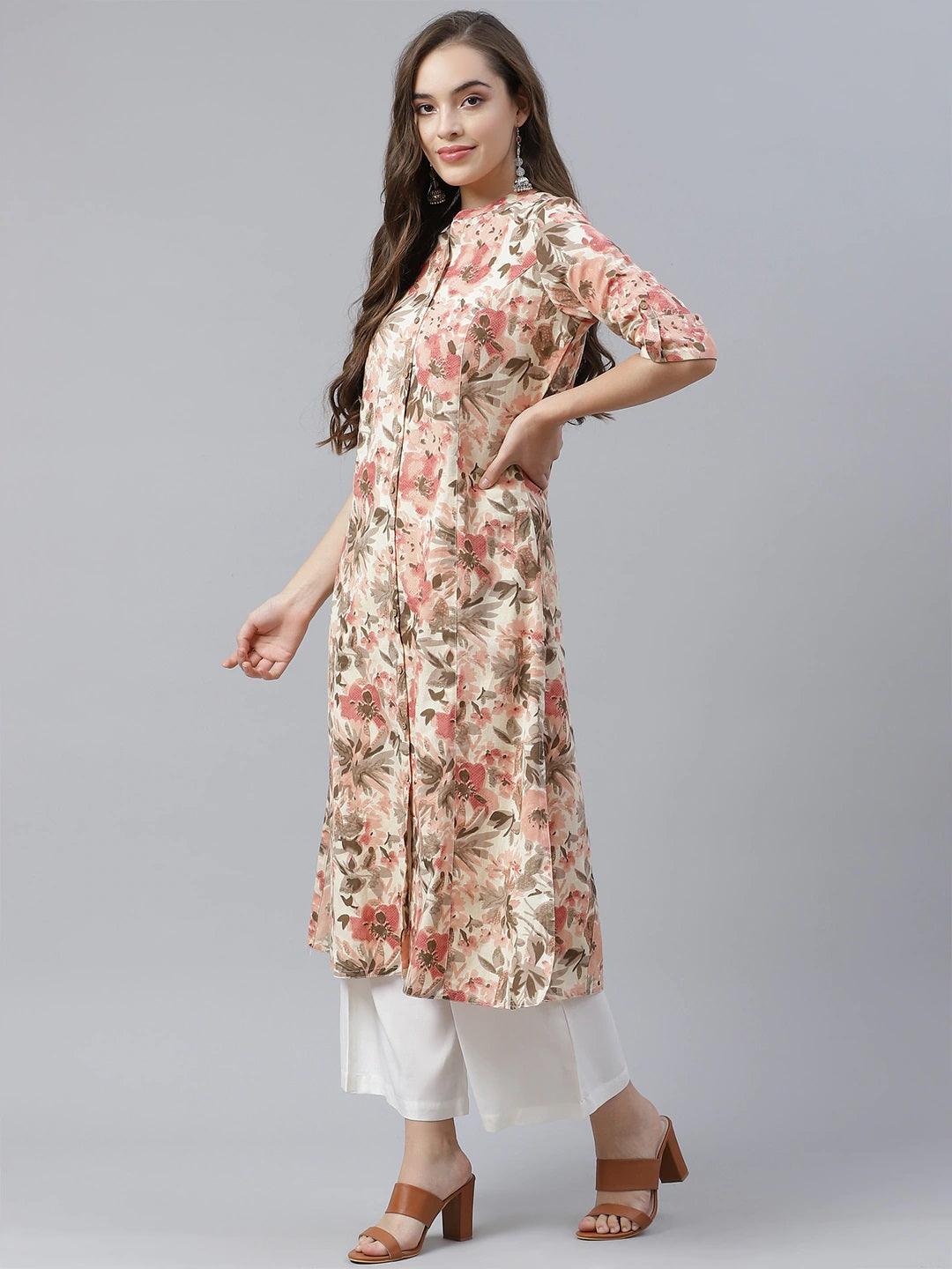  Cream Cotton Floral Print Kurta -  world