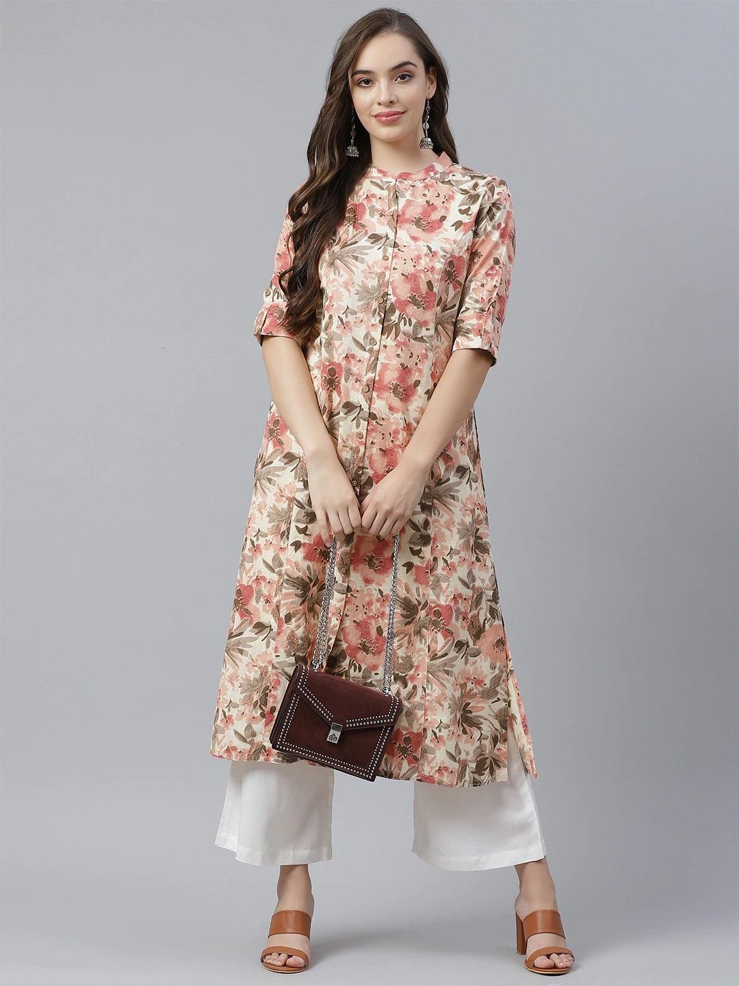  Cream Cotton Floral Print Kurta -  world