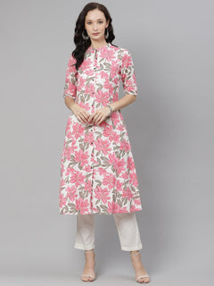 White Floral Print Cotton A-Line Plus Size Kurta for Women