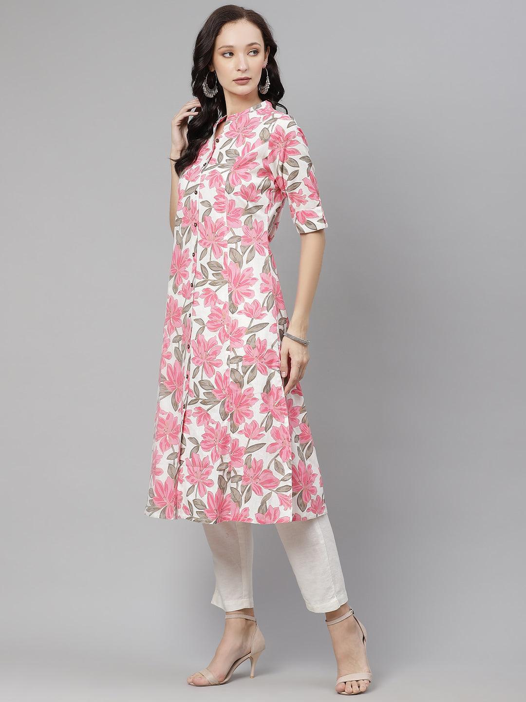  White Floral Print Cotton Kurta -  world