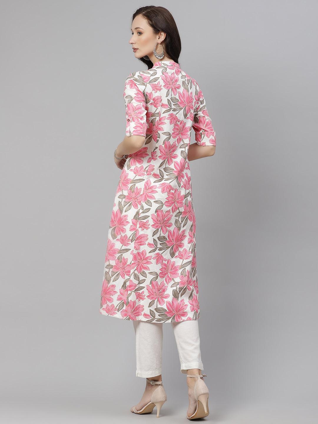  White Floral Print Cotton Kurta -  world