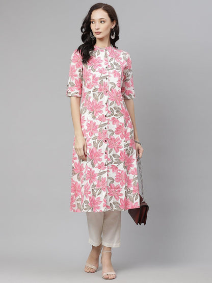  White Floral Print Cotton Kurta -  world