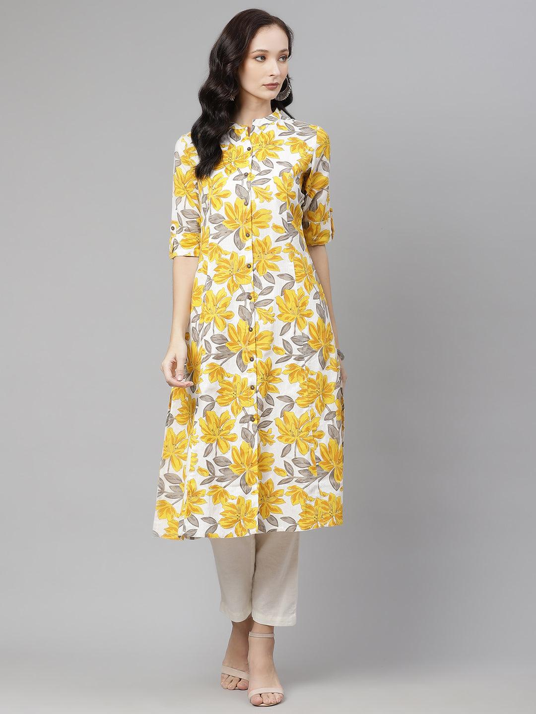  Yellow Floral Print Pure Cotton A-line Kurta -  world