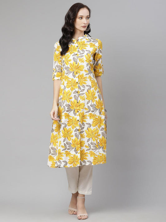  Yellow Floral Print Pure Cotton A-line Kurta -  world
