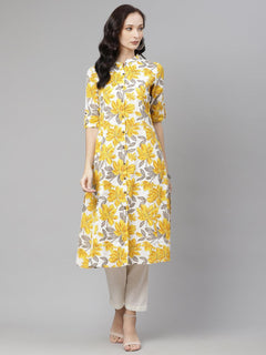 Yellow Floral Print Pure Cotton A-line Kurta