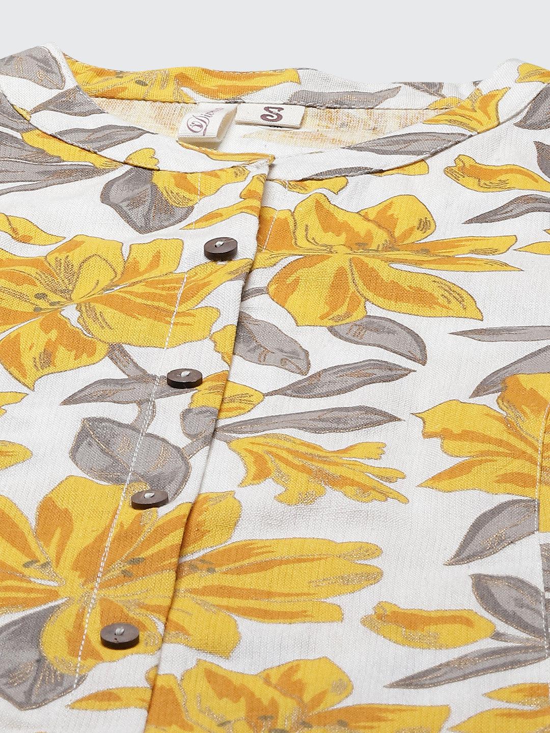  Yellow Floral Print Pure Cotton A-line Kurta -  world