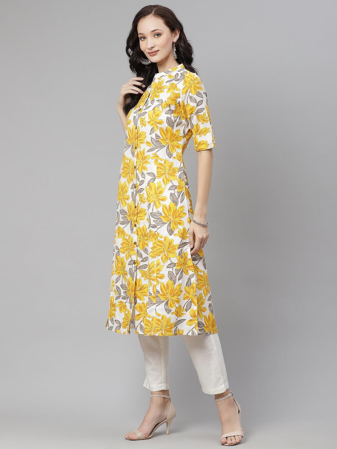  Yellow Floral Print Pure Cotton A-line Kurta -  world