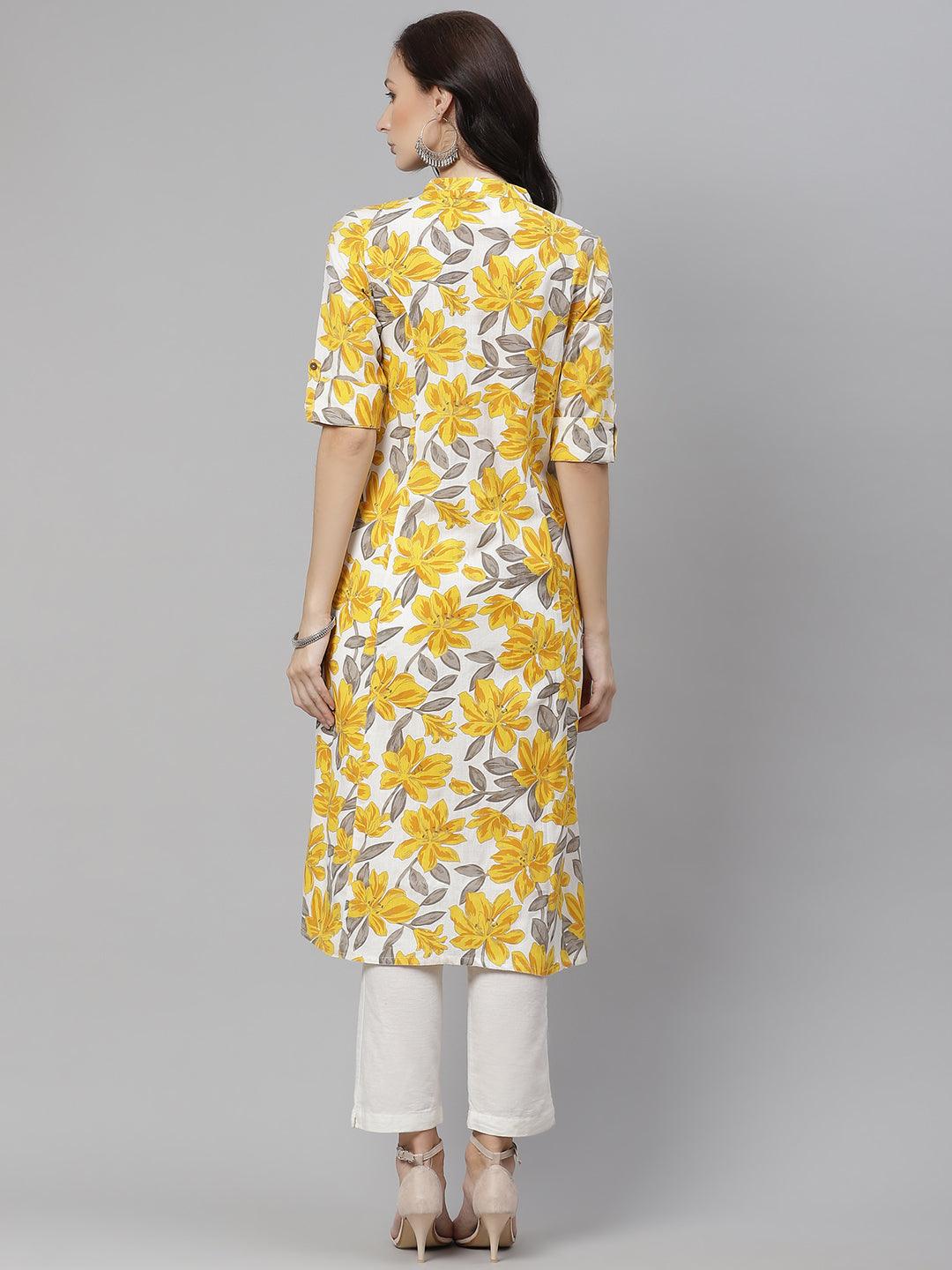  Yellow Floral Print Pure Cotton A-line Kurta -  world
