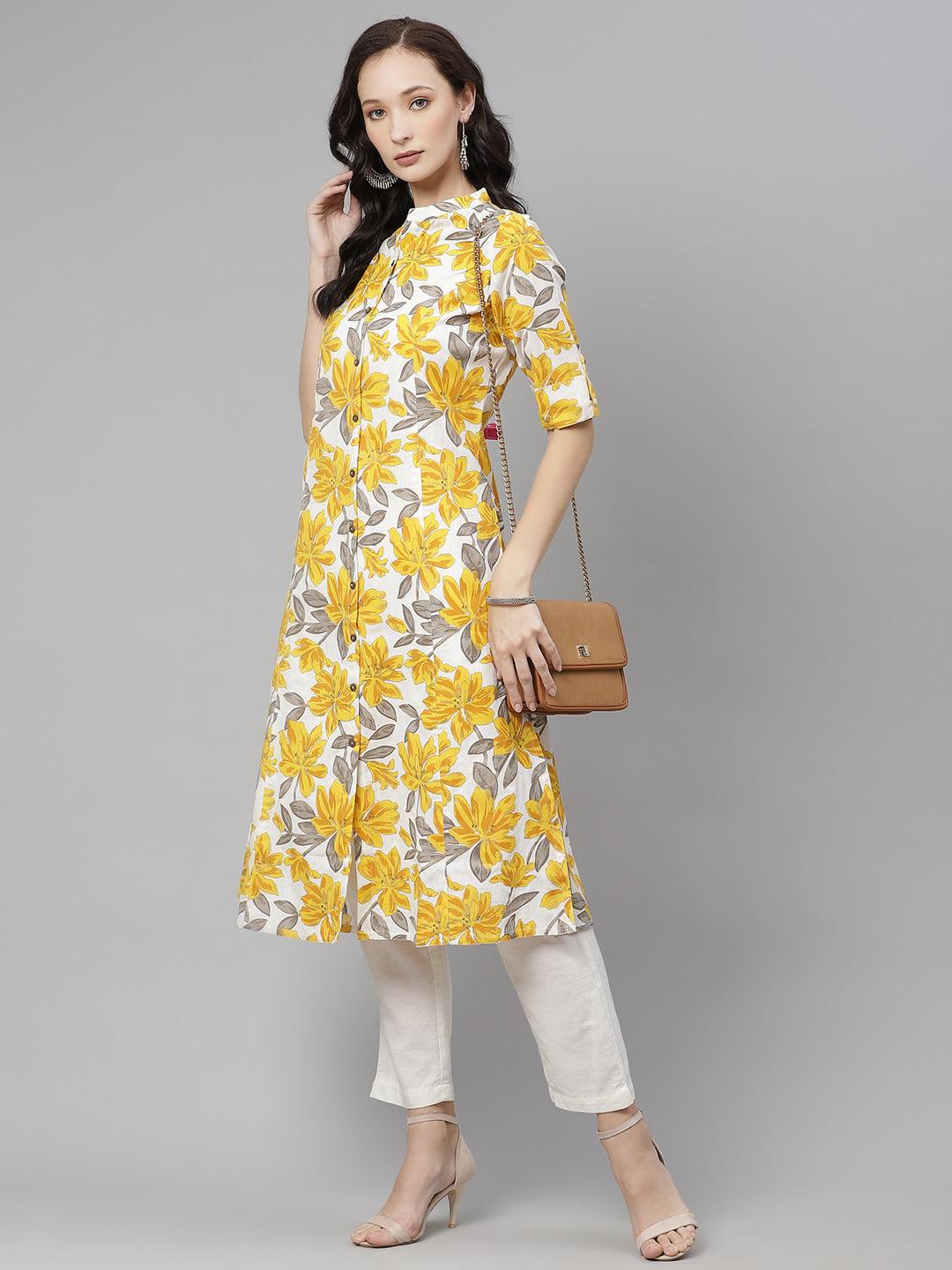  Yellow Floral Print Pure Cotton A-line Kurta -  world