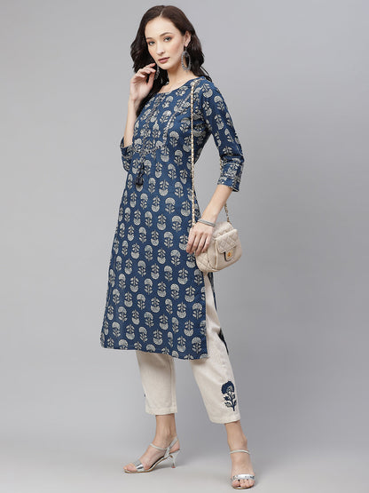 Blue Floral A-Line Cotton Kurta Pant Sets