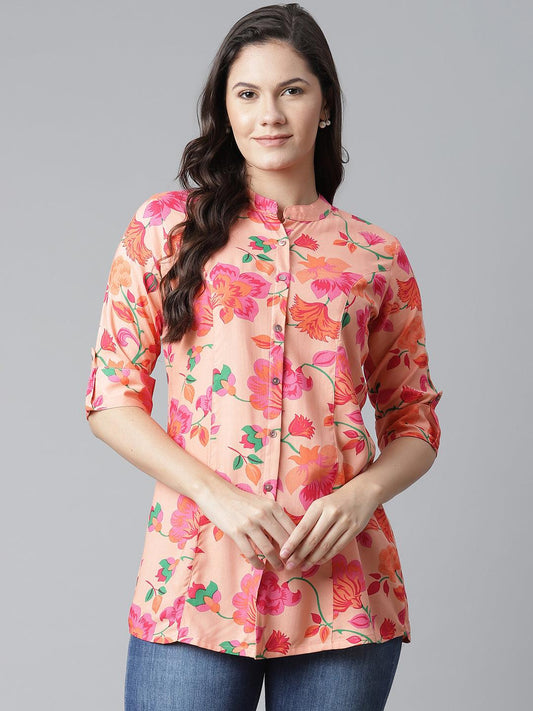  Rayon Peach Floral Print Shirt Style A-Line Top -  world
