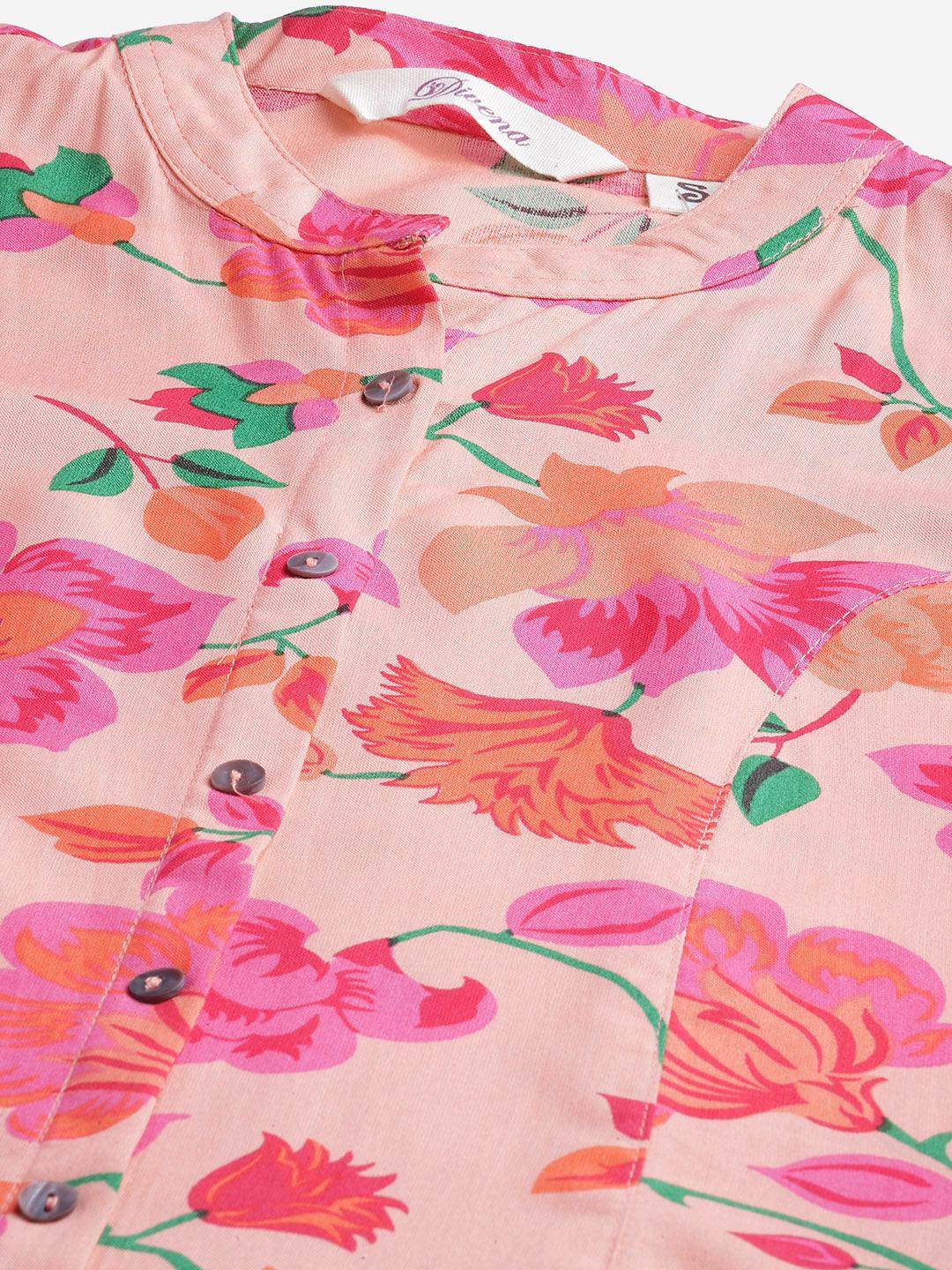  Rayon Peach Floral Print Shirt Style A-Line Top -  world