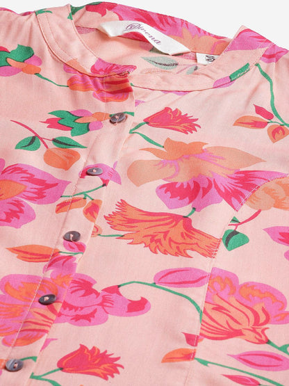  Rayon Peach Floral Print Shirt Style A-Line Top -  world