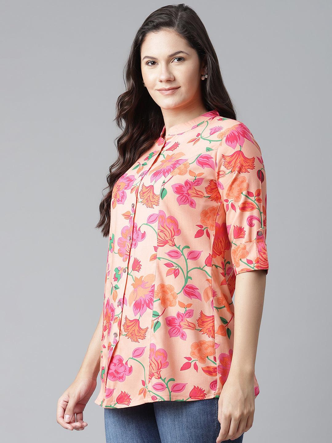  Rayon Peach Floral Print Shirt Style A-Line Top -  world