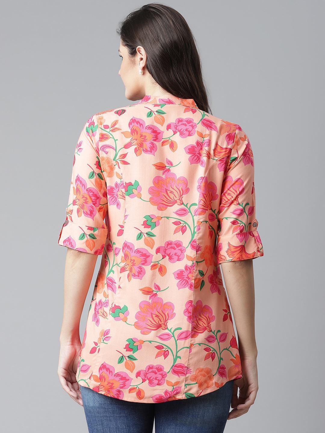  Rayon Peach Floral Print Shirt Style A-Line Top -  world