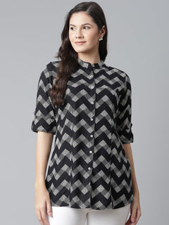 Black Rayon Zigzag Print Shirts Style Top