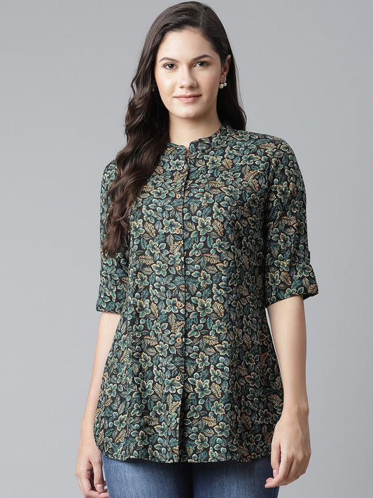  Navy Blue Green Rayon Printed Top -  world